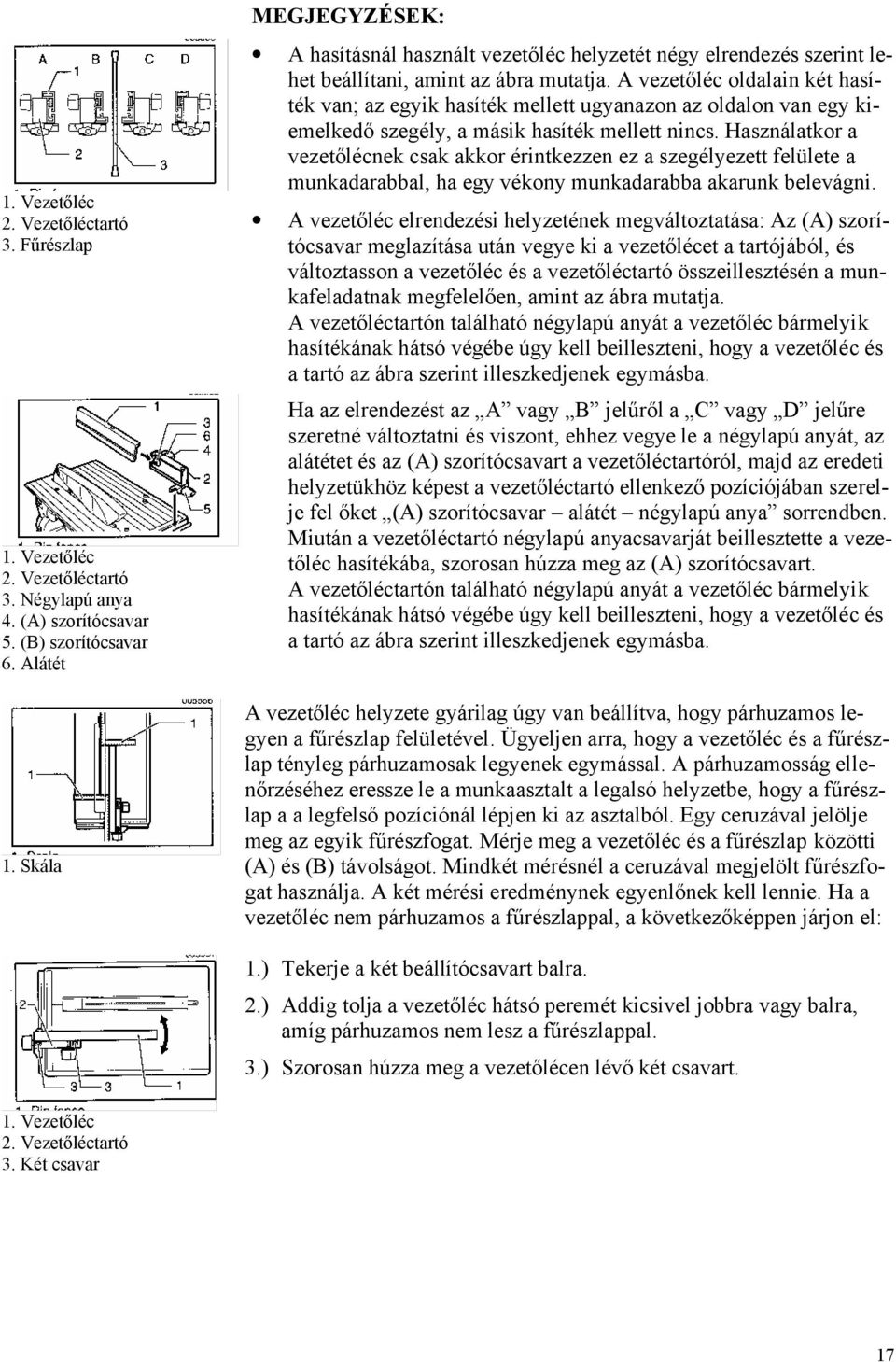 A vezetőléc oldalain két hasíték van; az egyik hasíték mellett ugyanazon az oldalon van egy kiemelkedő szegély, a másik hasíték mellett nincs.