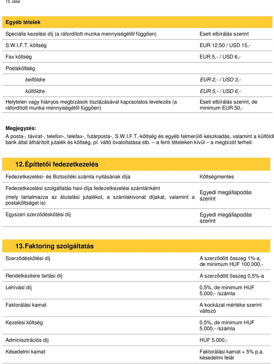 (a ráfordított munka mennyiségétől függően) minimum EUR 50,- Megjegyzés: A posta-, távirat-, telefon-, telefax-, futárposta-, S.W.I.F.T.