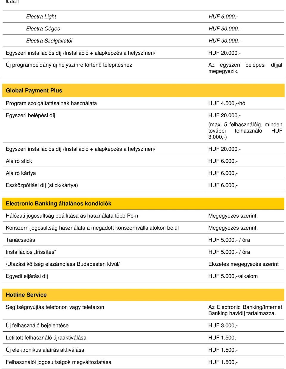 000,- Egyszeri installációs díj /Installáció + alapképzés a helyszínen/ HUF 20.000,- Aláíró stick HUF 6.000,- Aláíró kártya HUF 6.000,- Eszközpótlási díj (stick/kártya) HUF 6.000,- (max.