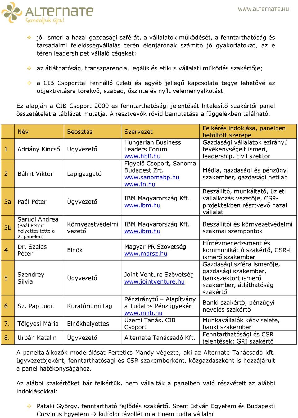 és nyílt véleményalkotást. Ez alapján a CIB Csoport 2009-es fenntarthatósági jelentését hitelesítő szakértői panel összetételét a táblázat mutatja.