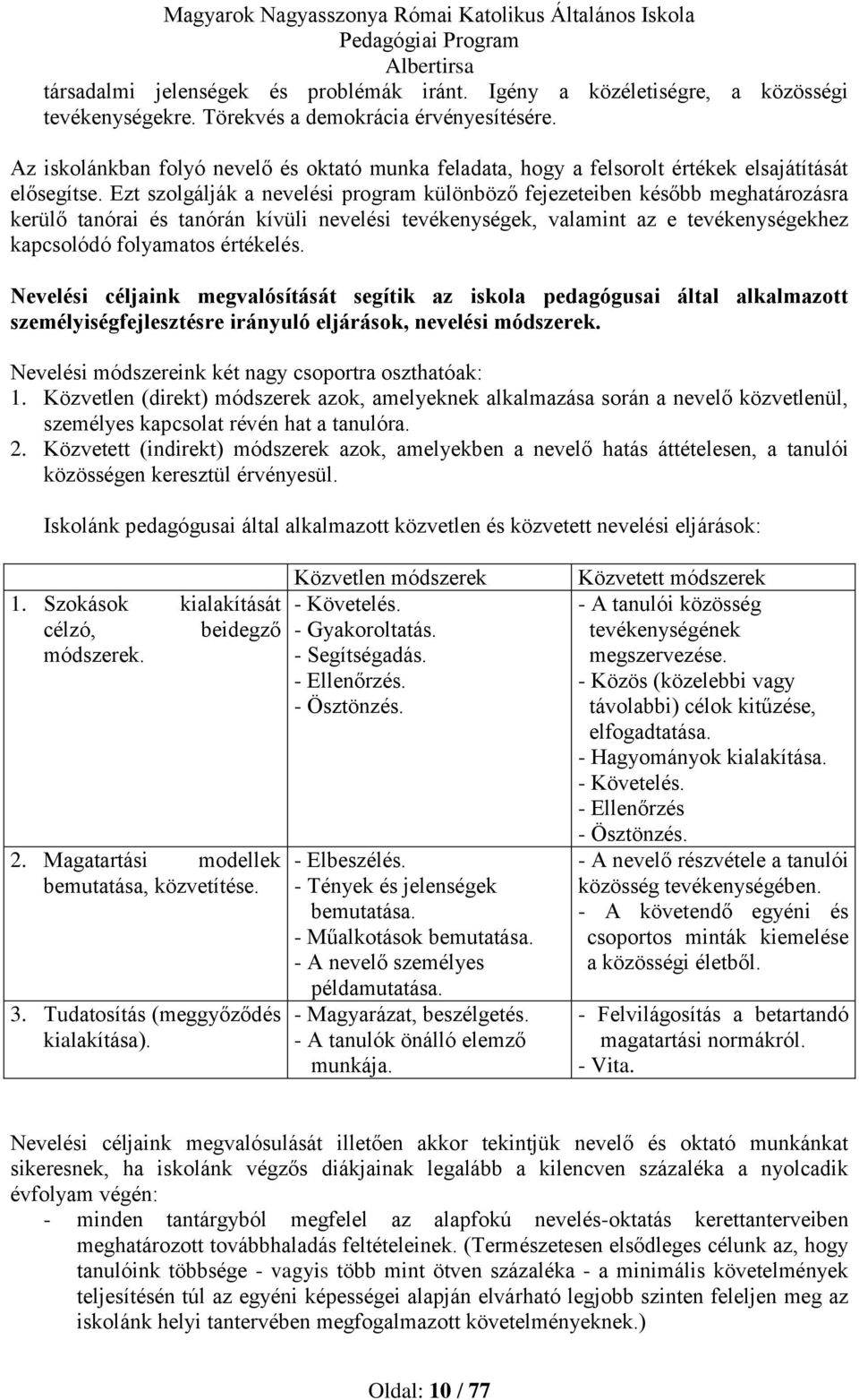 Ezt szolgálják a nevelési program különböző fejezeteiben később meghatározásra kerülő tanórai és tanórán kívüli nevelési tevékenységek, valamint az e tevékenységekhez kapcsolódó folyamatos értékelés.