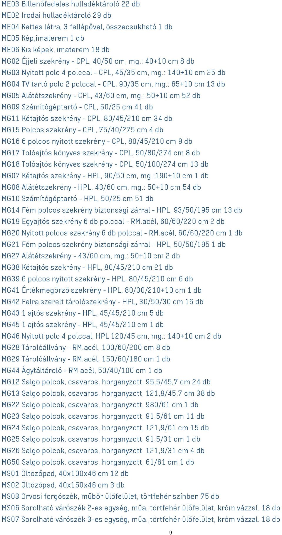 : 65+10 cm 13 db MG05 Alátétszekrény - CPL, 43/60 cm, mg.