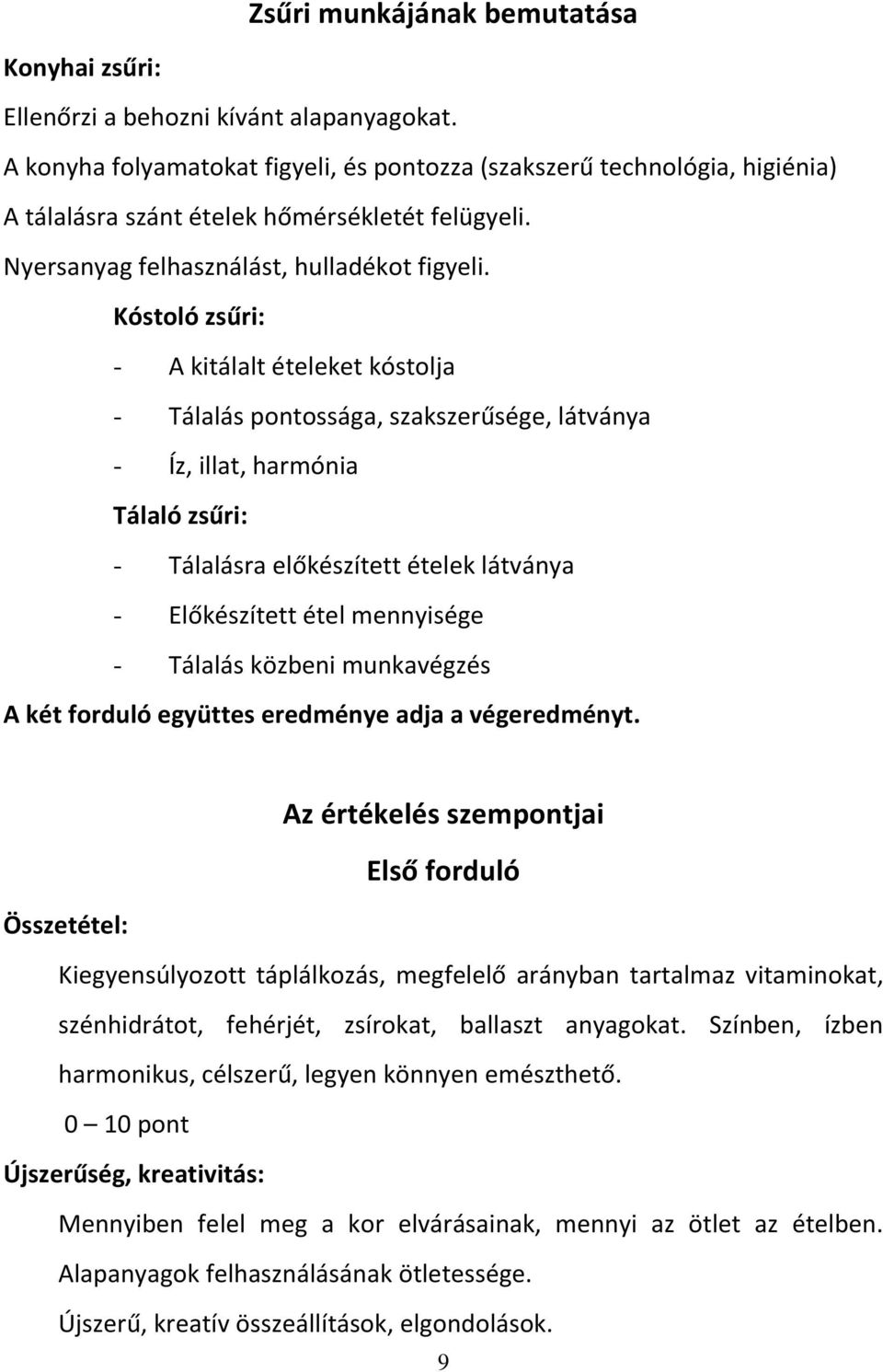 Kóstoló zsűri: - A kitálalt ételeket kóstolja - Tálalás pontossága, szakszerűsége, látványa - Íz, illat, harmónia Tálaló zsűri: - Tálalásra előkészített ételek látványa - Előkészített étel mennyisége