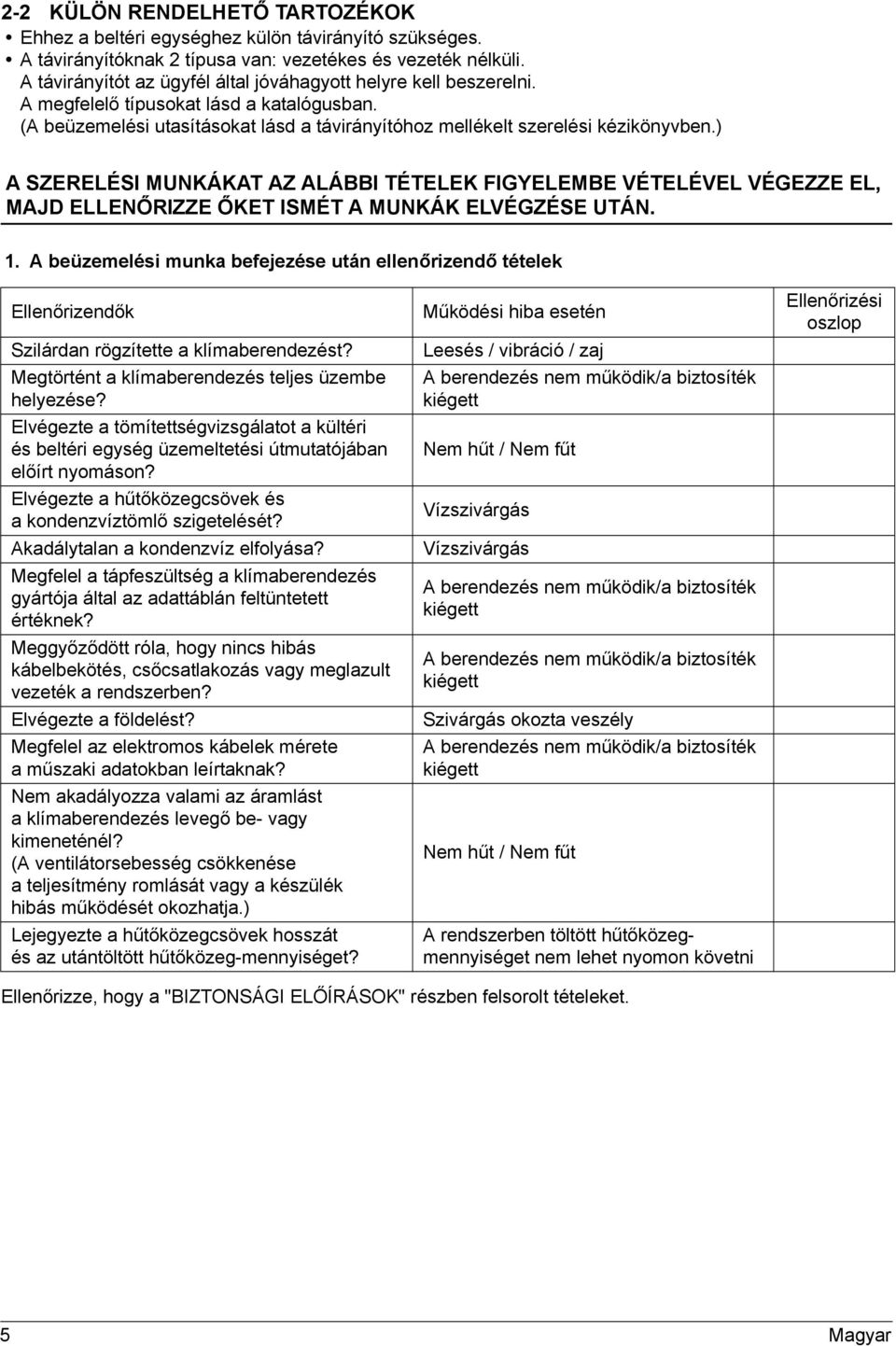 ) A SZERELÉSI MUNKÁKAT AZ ALÁBBI TÉTELEK FIGYELEMBE VÉTELÉVEL VÉGEZZE EL, MAJD ELLENŐRIZZE ŐKET ISMÉT A MUNKÁK ELVÉGZÉSE UTÁN.