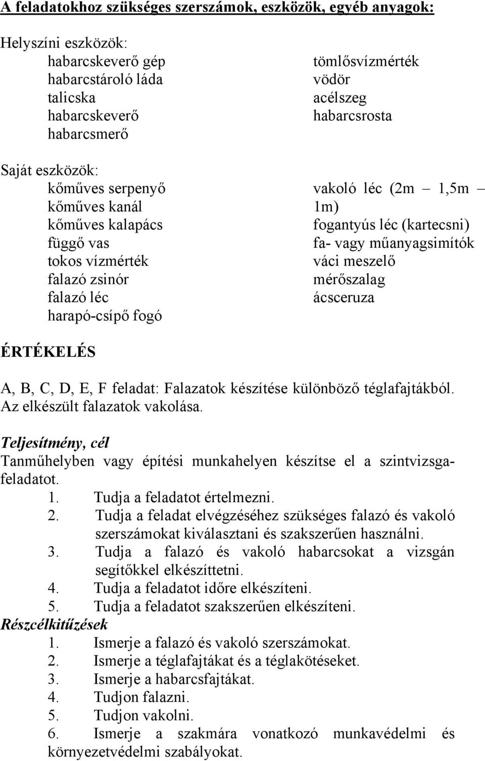 műanyagsimítók váci meszelő mérőszalag ácsceruza ÉRTÉKELÉS A, B, C, D, E, F feladat: Falazatok készítése különböző téglafajtákból. Az elkészült falazatok vakolása.