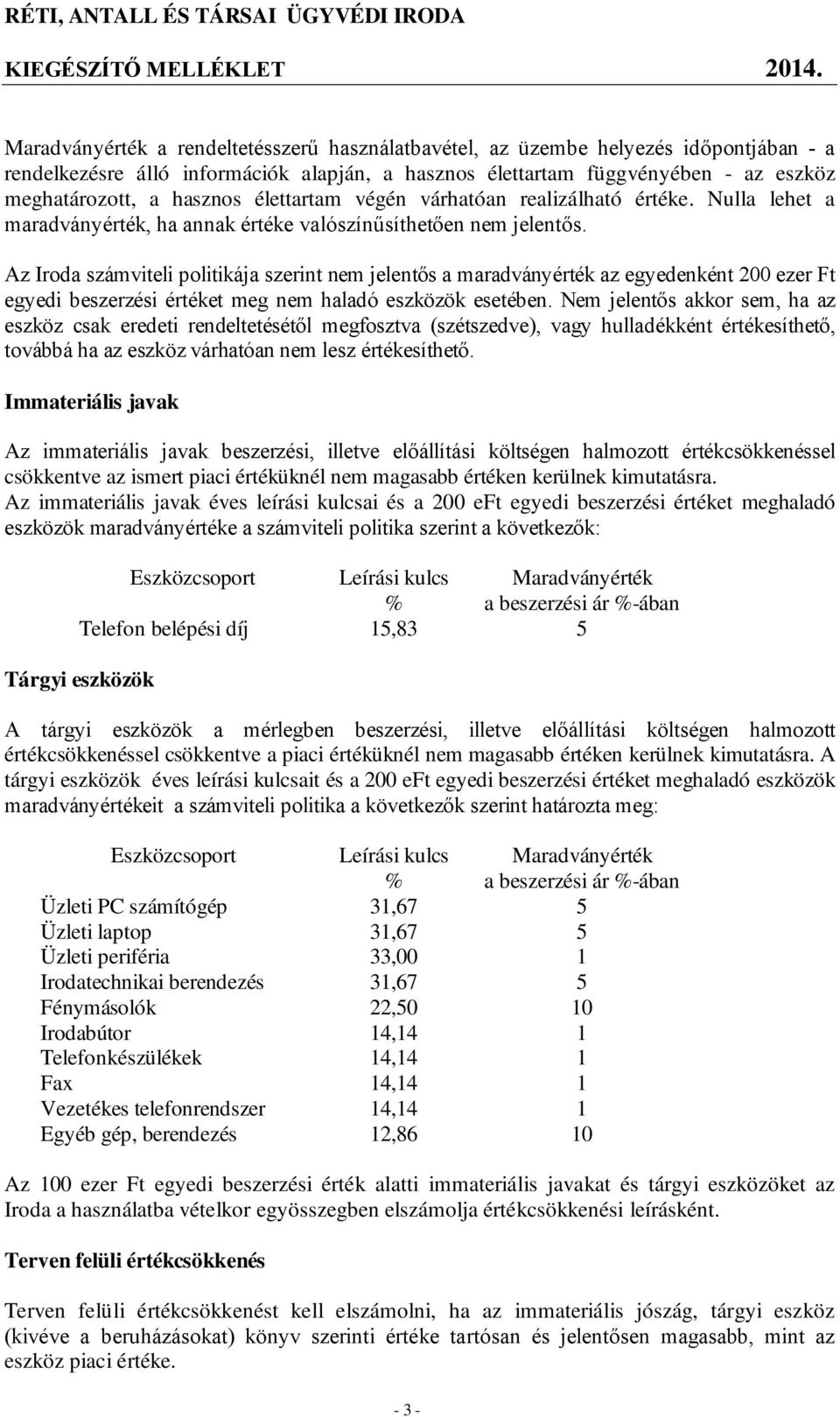 Az Iroda számviteli politikája szerint nem jelentős a maradványérték az egyedenként 200 ezer Ft egyedi beszerzési értéket meg nem haladó eszközök esetében.