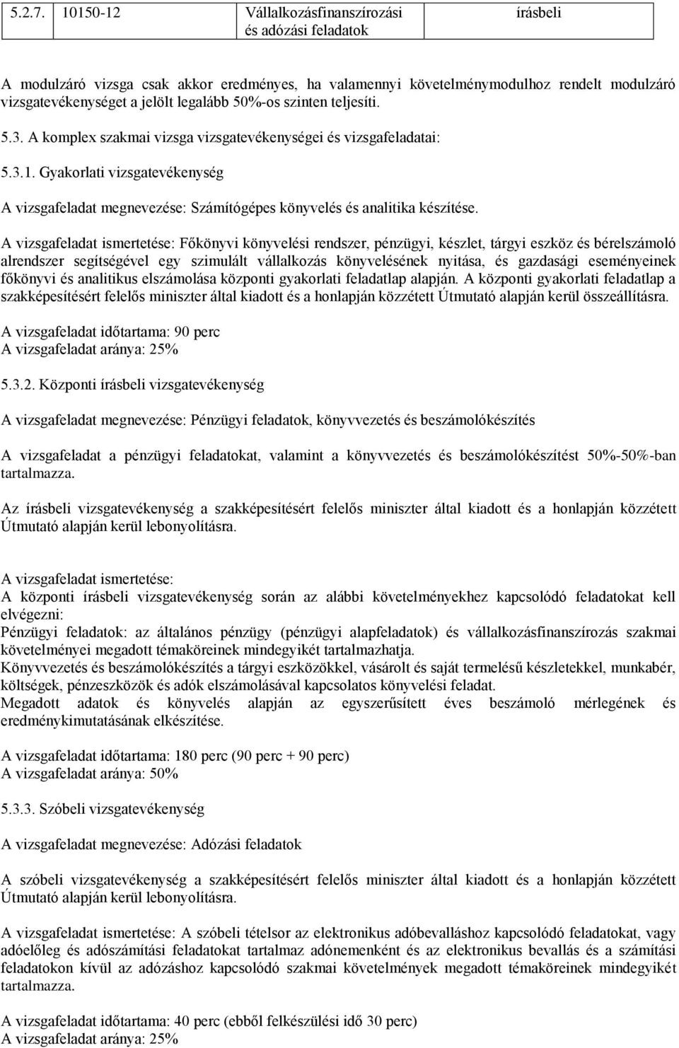 50%-os szinten teljesíti. 5.3. A komplex szakmai vizsga vizsgatevékenységei és vizsgafeladatai: 5.3.1.