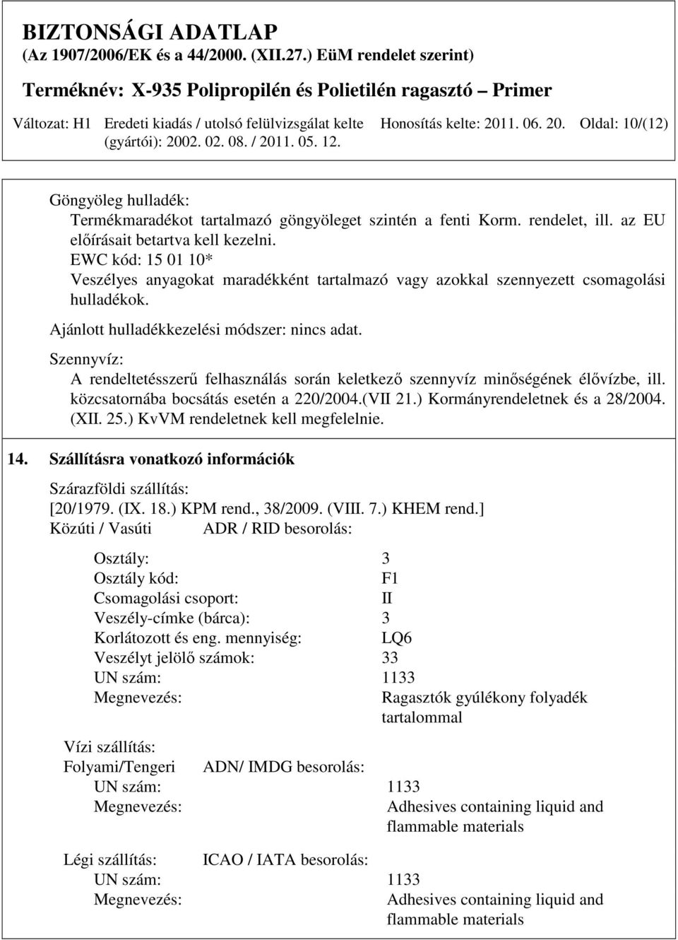 Szennyvíz: A rendeltetésszerő felhasználás során keletkezı szennyvíz minıségének élıvízbe, ill. közcsatornába bocsátás esetén a 220/2004.(VII 21.) Kormányrendeletnek és a 28/2004. (XII. 25.