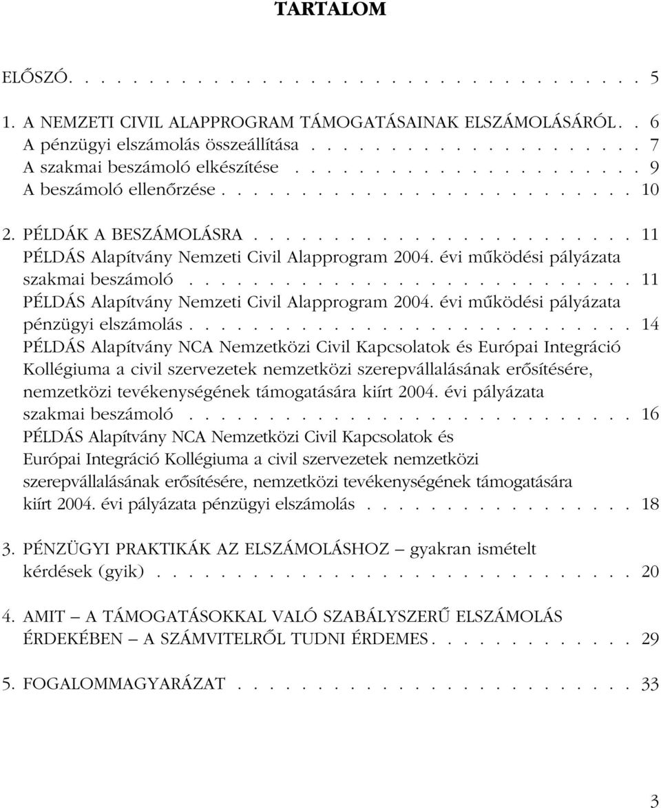 évi mûködési pályázata szakmai beszámoló............................ 11 PÉLDÁS Alapítvány Nemzeti Civil Alapprogram 2004. évi mûködési pályázata pénzügyi elszámolás.