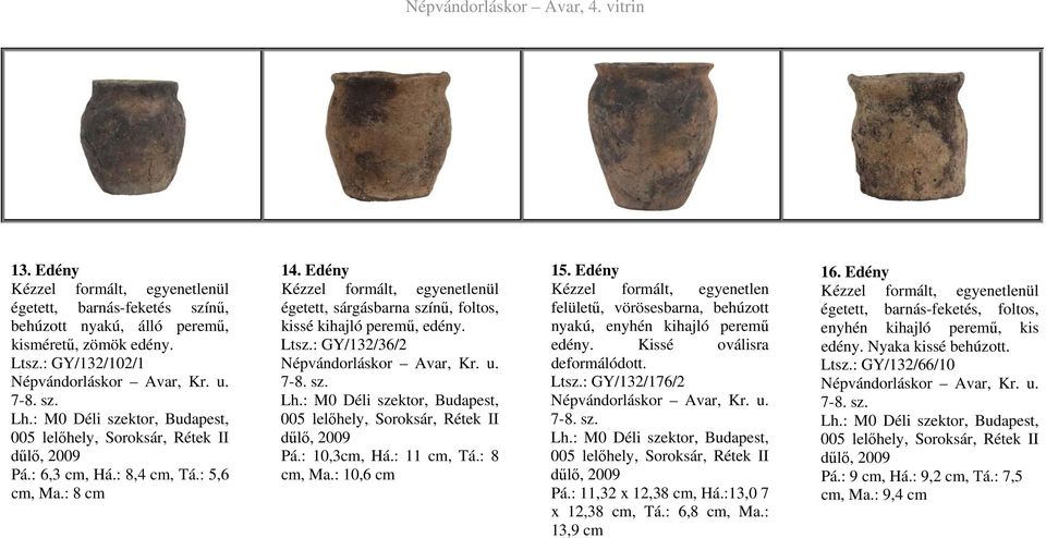 : 10,6 cm 15. Edény Kézzel formált, egyenetlen felületű, vörösesbarna, behúzott nyakú, enyhén kihajló peremű edény. Kissé oválisra deformálódott. 11BLtsz.: GY/132/176/2 Pá.: 11,32 x 12,38 cm, Há.