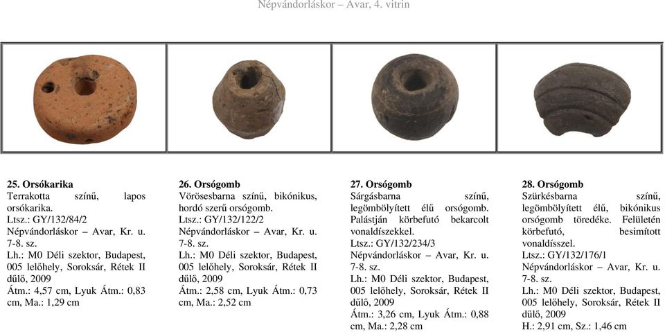 Orsógomb Sárgásbarna színű, legömbölyített élű orsógomb. Palástján körbefutó bekarcolt vonaldíszekkel. Ltsz.: GY/132/234/3 Átm.: 3,26 cm, Lyuk Átm.