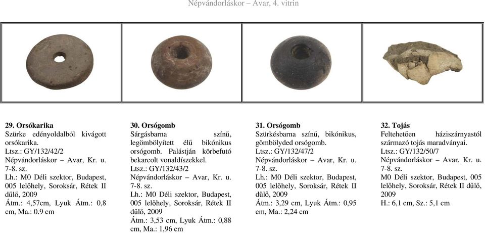 : 0,88 cm, Ma.: 1,96 cm 31. Orsógomb Szürkésbarna színű, bikónikus, gömbölyded orsógomb. Ltsz.: GY/132/47/2 Átm.: 3,29 cm, Lyuk Átm.: 0,95 cm, Ma.: 2,24 cm 32.