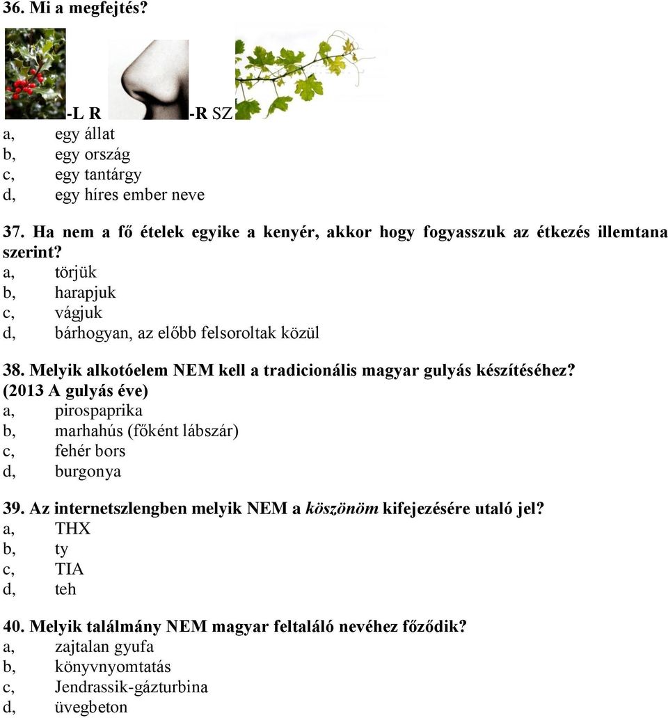 Melyik alkotóelem NEM kell a tradicionális magyar gulyás készítéséhez? (2013 A gulyás éve) a, pirospaprika b, marhahús (főként lábszár) c, fehér bors d, burgonya 39.