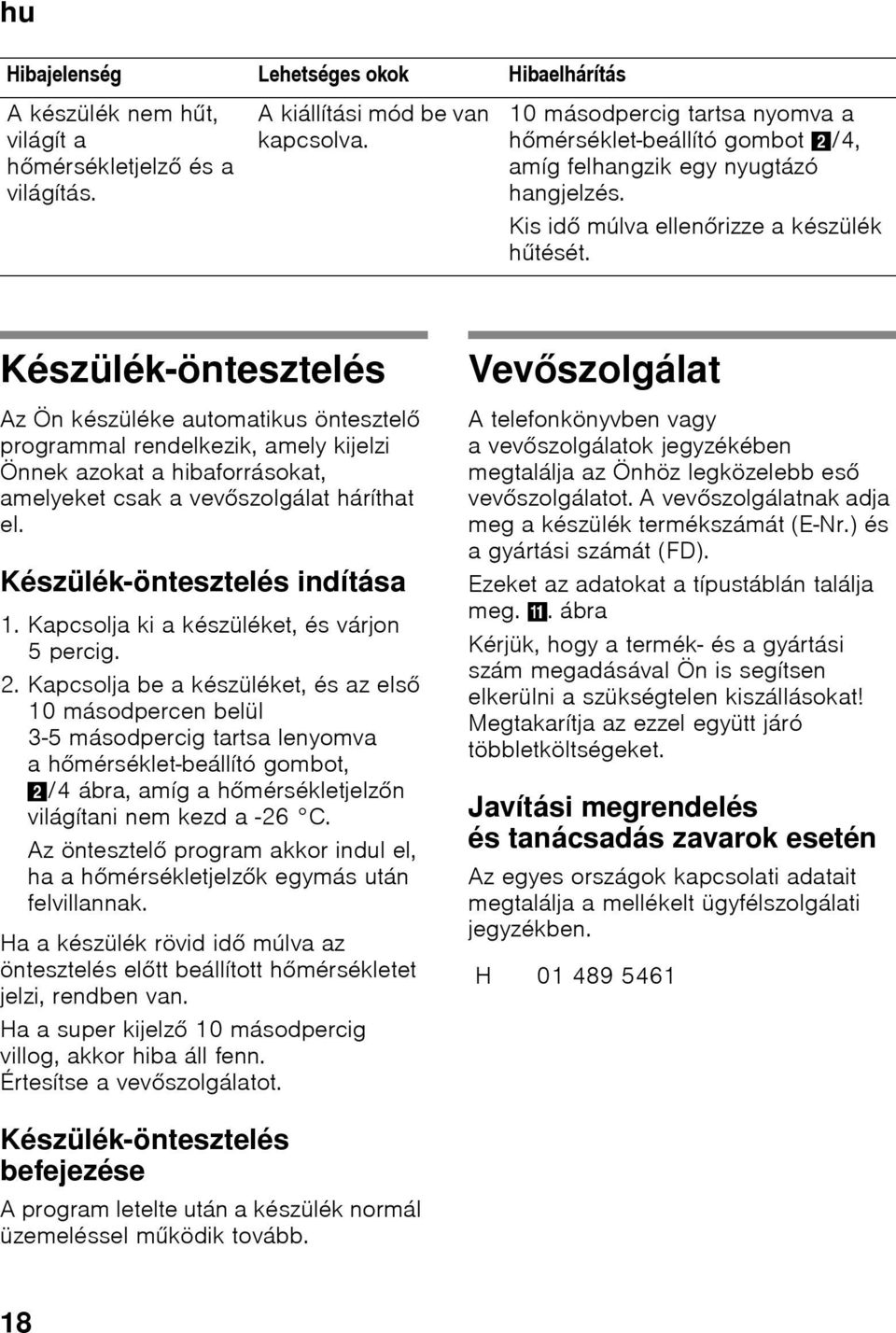 Készülék-öntesztelés Az Ön készüléke automatikus öntesztelő programmal rendelkezik, amely kijelzi Önnek azokat a hibaforrásokat, amelyeket csak a vevőszolgálat háríthat el.