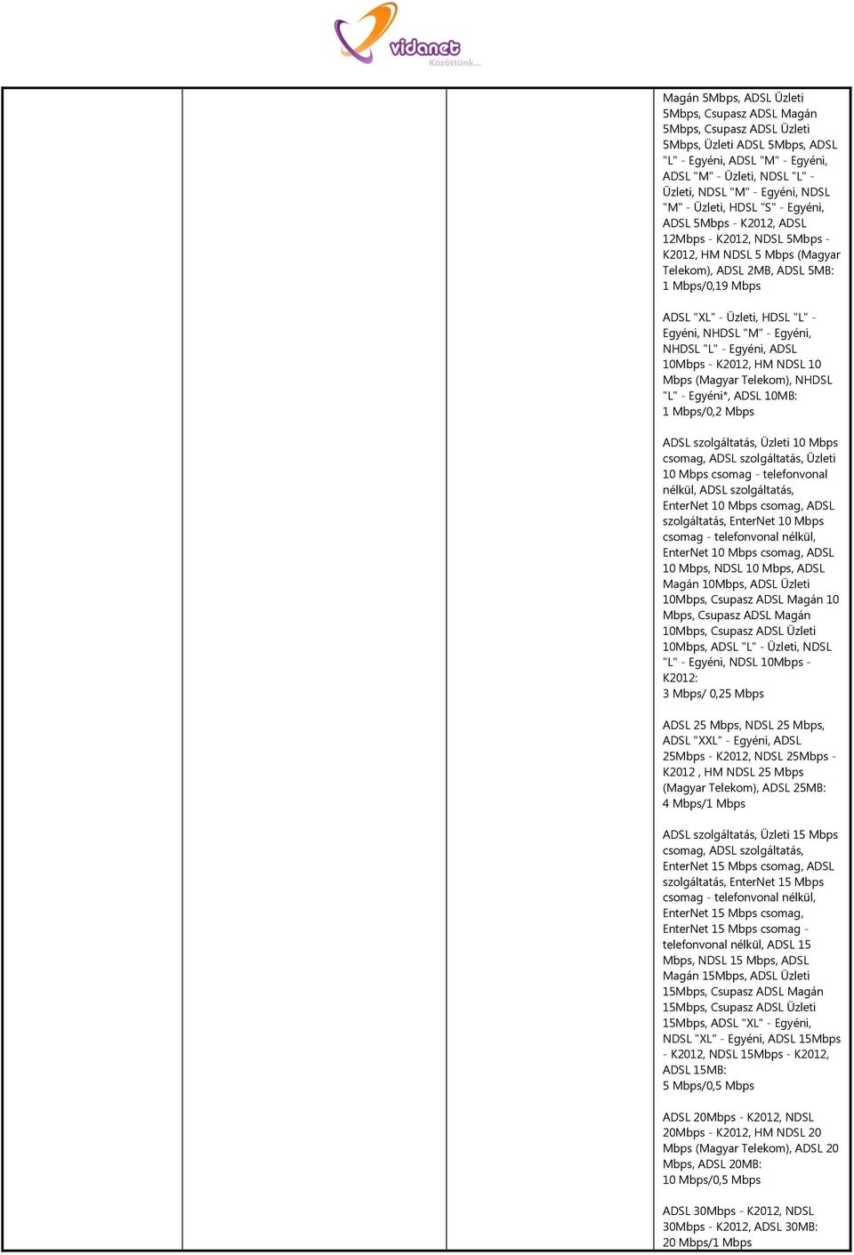 Egyéni, NHDSL "M" - Egyéni, NHDSL "L" - Egyéni, ADSL 10Mbps - K2012, HM NDSL 10 Mbps (Magyar Telekom), NHDSL "L" - Egyéni*, ADSL 10MB: 1 Mbps/0,2 Mbps ADSL szolgáltatás, Üzleti 10 Mbps csomag, ADSL