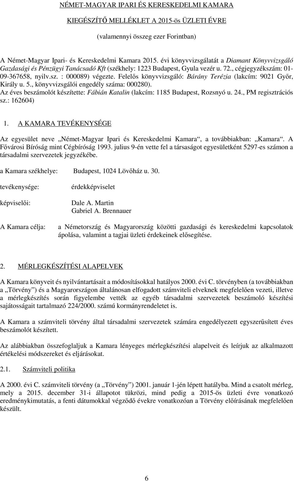 Felelős könyvvizsgáló: Bárány Terézia (lakcím: 9021 Győr, Király u. 5., könyvvizsgálói engedély száma: 000280). Az éves beszámolót készítette: Fábián Katalin (lakcím: 1185 Budapest, Rozsnyó u. 24.