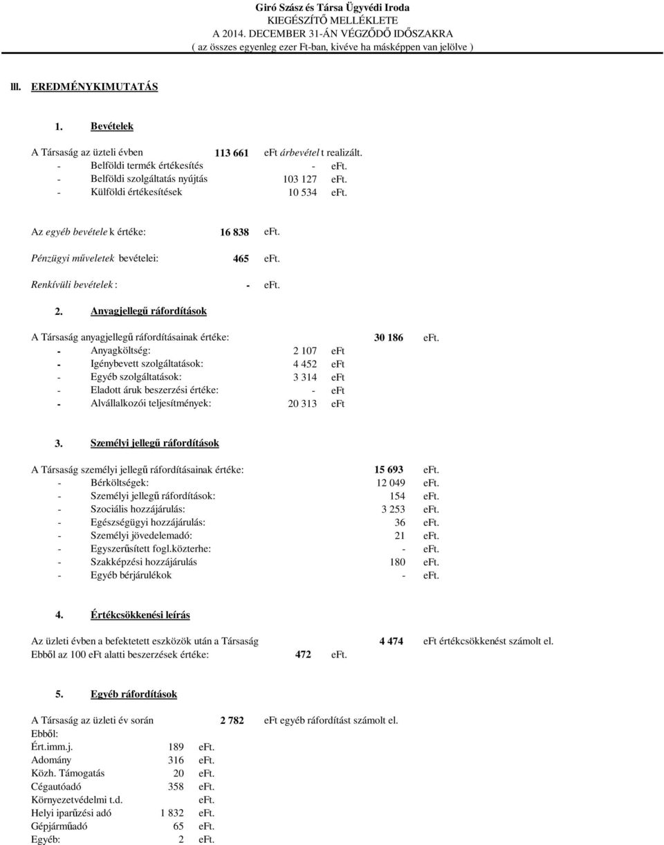 Anyagjellegű ráfordítások A Társaság anyagjellegű ráfordításainak értéke: Anyagköltség: 2 107 eft Igénybevett szolgáltatások: 4 452 eft Egyéb szolgáltatások: 3 314 eft Eladott áruk beszerzési értéke: