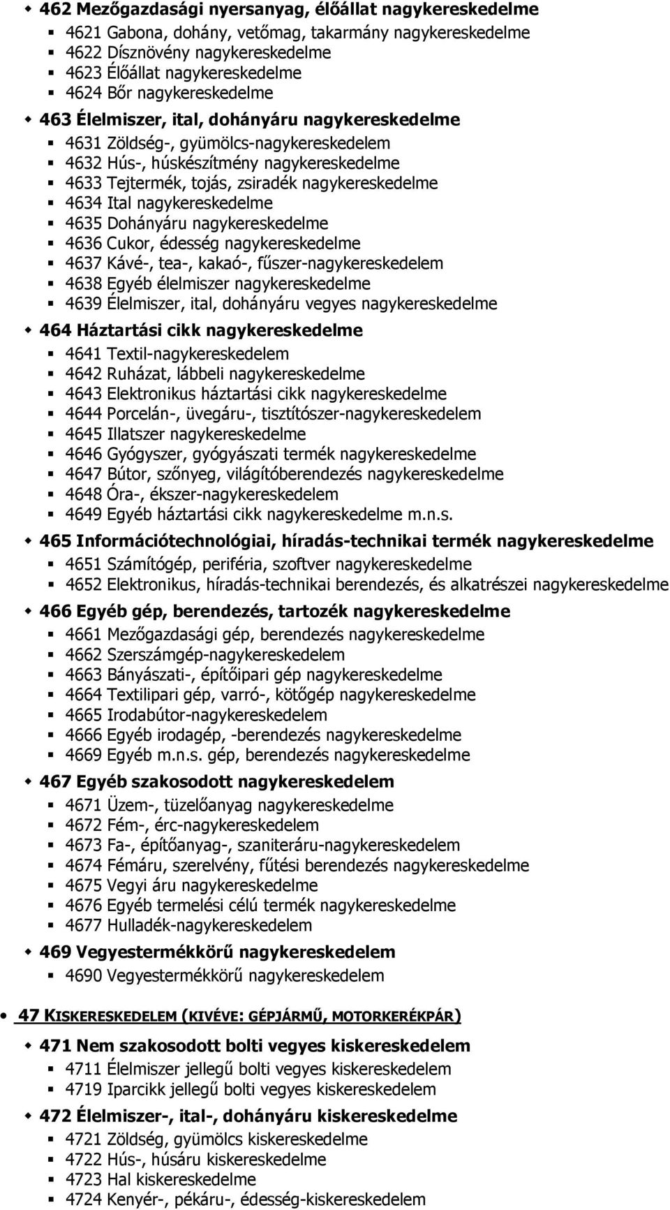 4634 Ital nagykereskedelme 4635 Dohányáru nagykereskedelme 4636 Cukor, édesség nagykereskedelme 4637 Kávé-, tea-, kakaó-, fűszer-nagykereskedelem 4638 Egyéb élelmiszer nagykereskedelme 4639