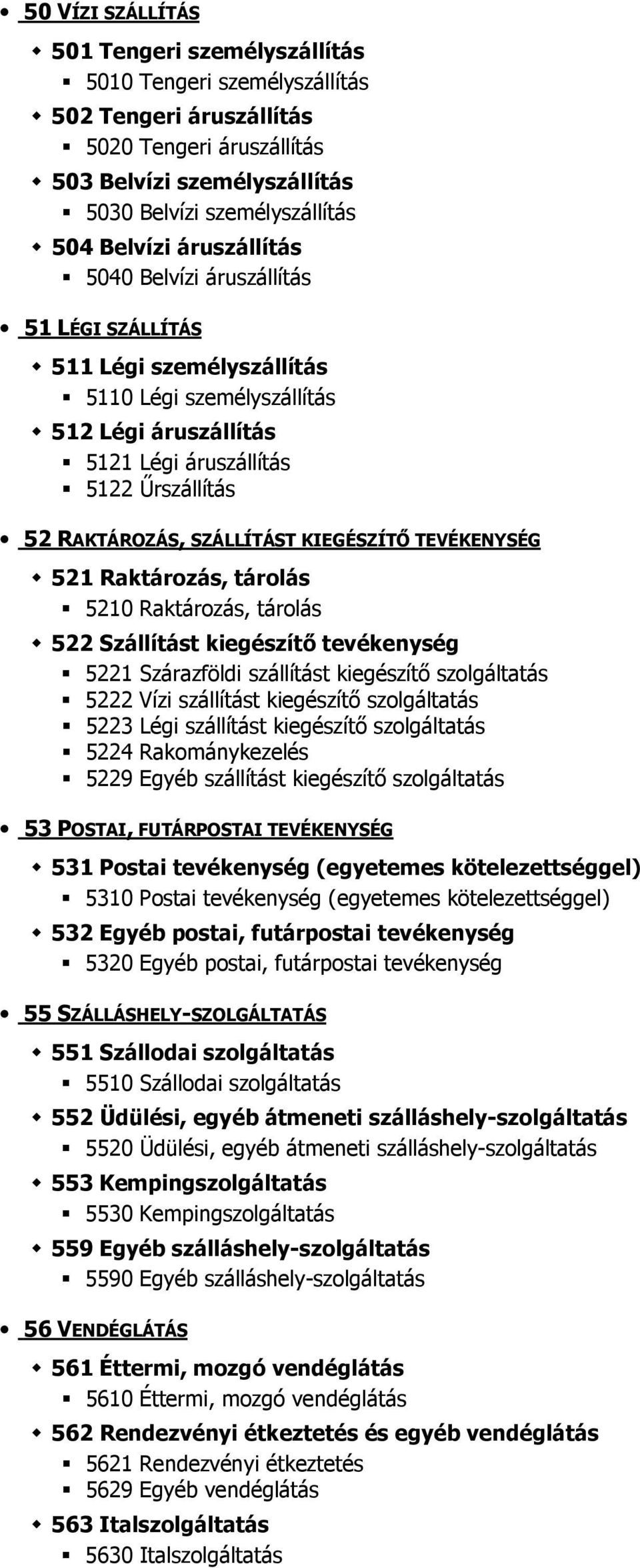 KIEGÉSZÍTŐ TEVÉKENYSÉG 521 Raktározás, tárolás 5210 Raktározás, tárolás 522 Szállítást kiegészítő tevékenység 5221 Szárazföldi szállítást kiegészítő szolgáltatás 5222 Vízi szállítást kiegészítő