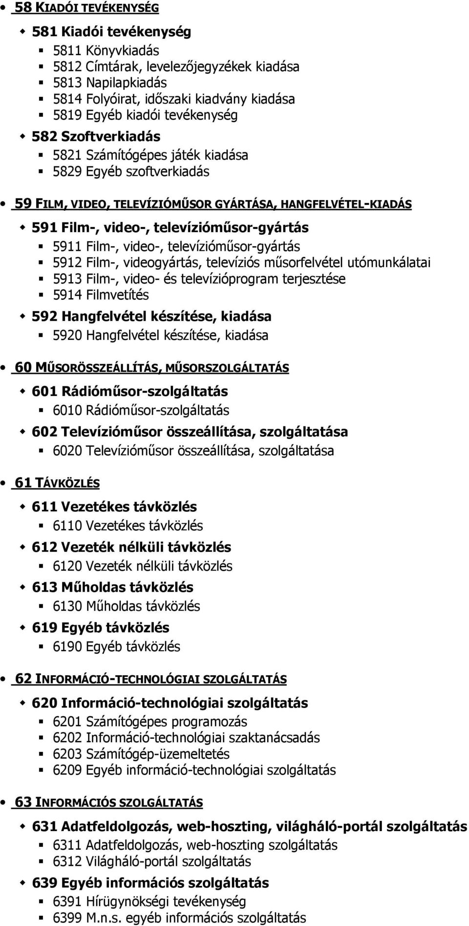 televízióműsor-gyártás 5912 Film-, videogyártás, televíziós műsorfelvétel utómunkálatai 5913 Film-, video- és televízióprogram terjesztése 5914 Filmvetítés 592 Hangfelvétel készítése, kiadása 5920