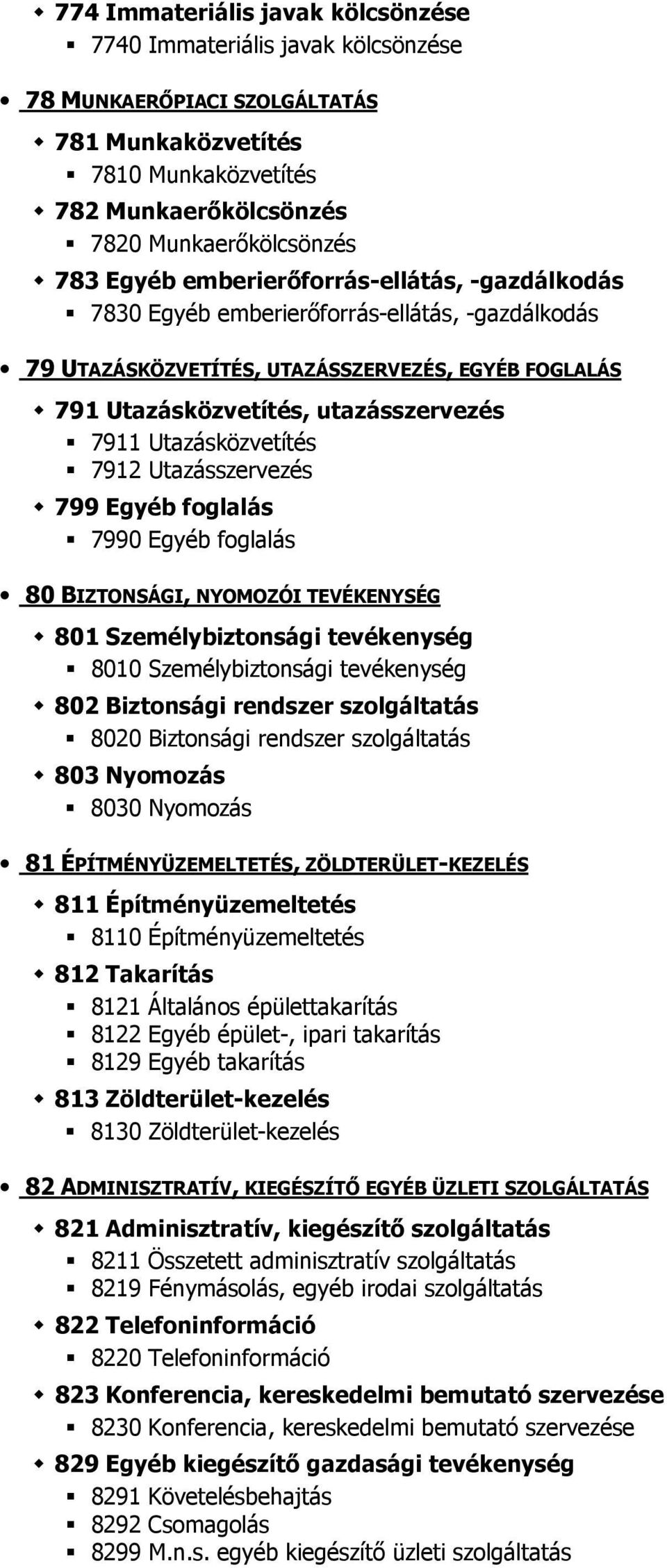 7912 Utazásszervezés 799 Egyéb foglalás 7990 Egyéb foglalás 80 BIZTONSÁGI, NYOMOZÓI TEVÉKENYSÉG 801 Személybiztonsági tevékenység 8010 Személybiztonsági tevékenység 802 Biztonsági rendszer