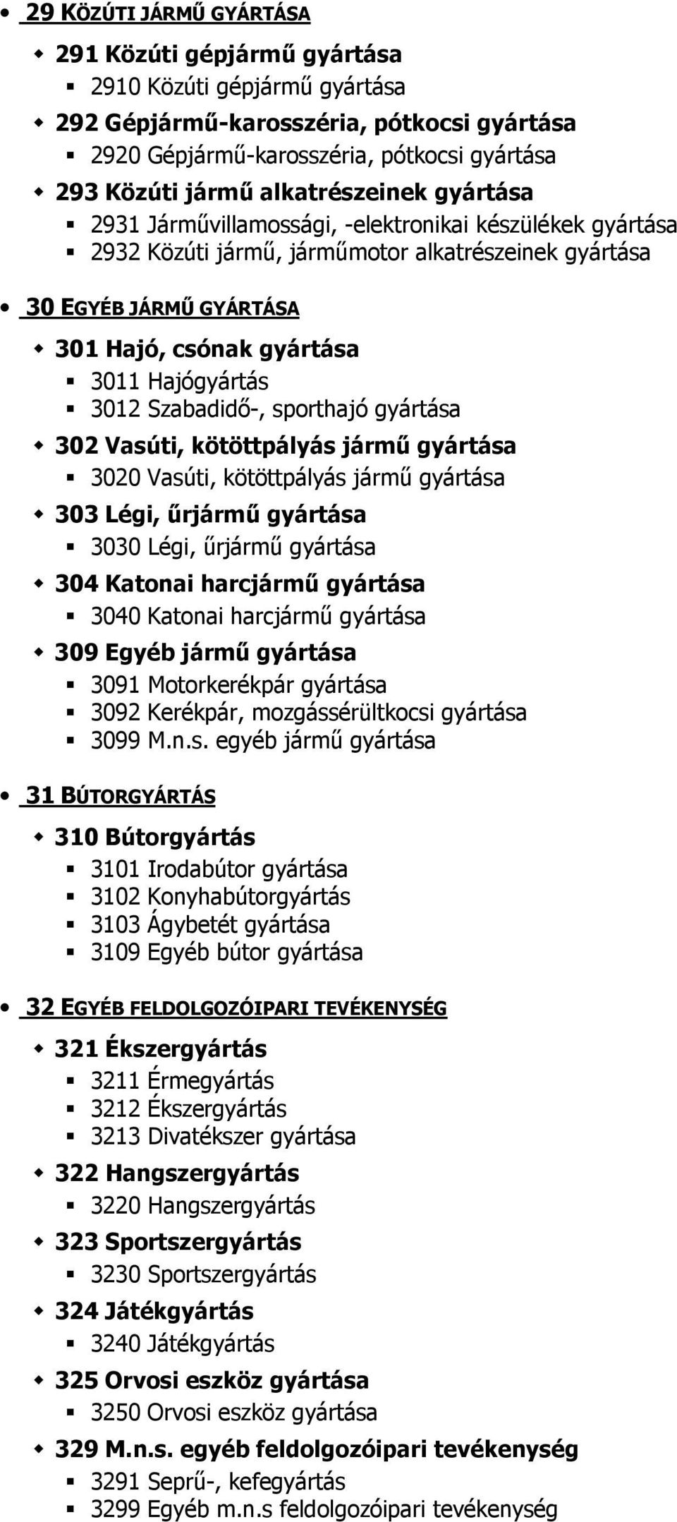 Hajógyártás 3012 Szabadidő-, sporthajó gyártása 302 Vasúti, kötöttpályás jármű gyártása 3020 Vasúti, kötöttpályás jármű gyártása 303 Légi, űrjármű gyártása 3030 Légi, űrjármű gyártása 304 Katonai