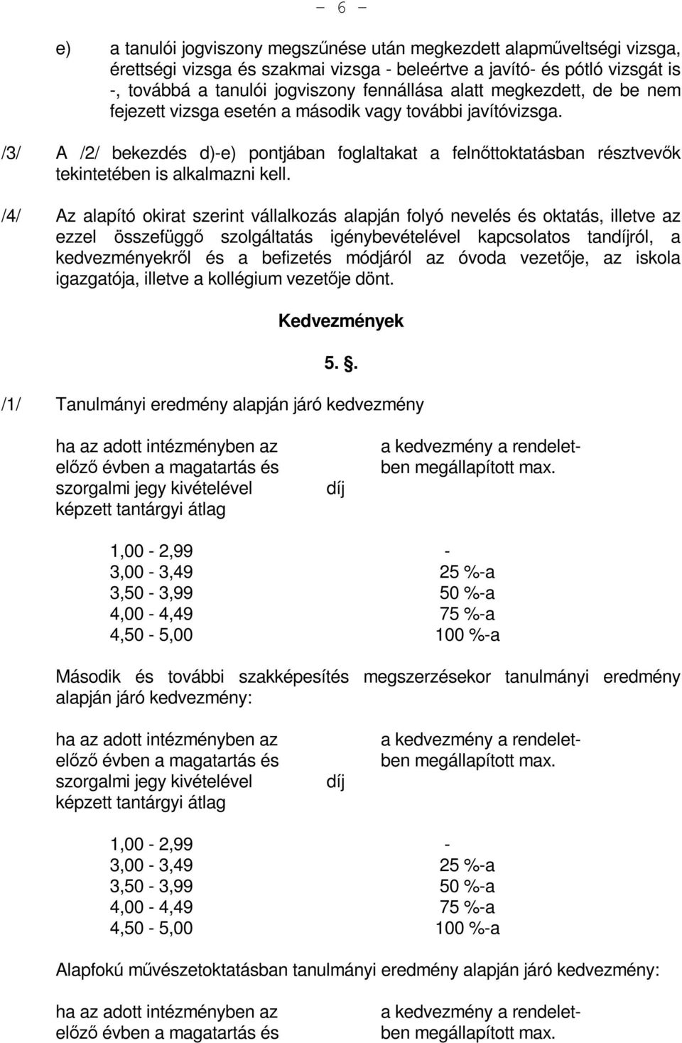 /4/ Az alapító okirat szerint vállalkozás alapján folyó nevelés és oktatás, illetve az ezzel összefüggő szolgáltatás igénybevételével kapcsolatos tandíjról, a kedvezményekről és a befizetés módjáról