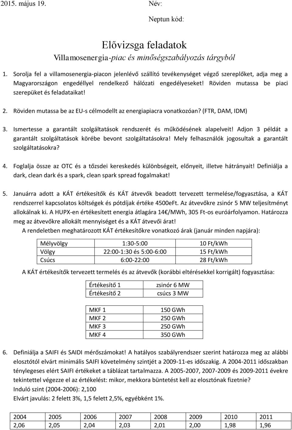 Röviden mutassa be piaci szerepüket és feladataikat! 2. Röviden mutassa be az EU-s célmodellt az energiapiacra vonatkozóan? (FTR, DAM, IDM) 3.