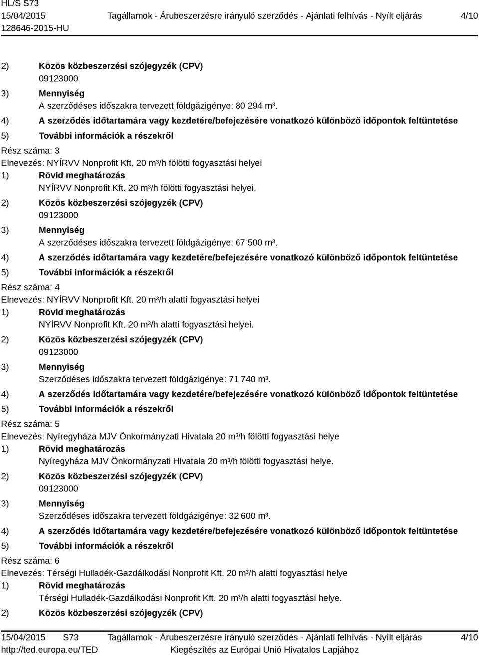 20 m³/h alatti fogyasztási helyei. Szerződéses időszakra tervezett földgázigénye: 71 740 m³.