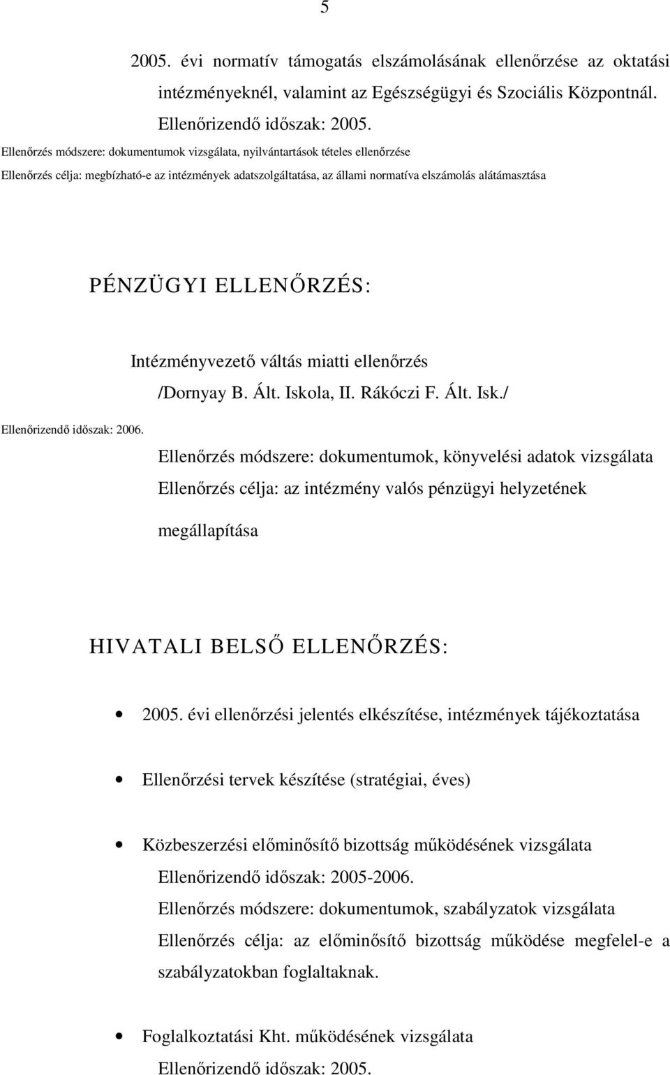 PÉNZÜGYI ELLENİRZÉS: Intézményvezetı váltás miatti ellenırzés /Dornyay B. Ált. Iskola, II. Rákóczi F. Ált. Isk./ Ellenırizendı idıszak: 2006.