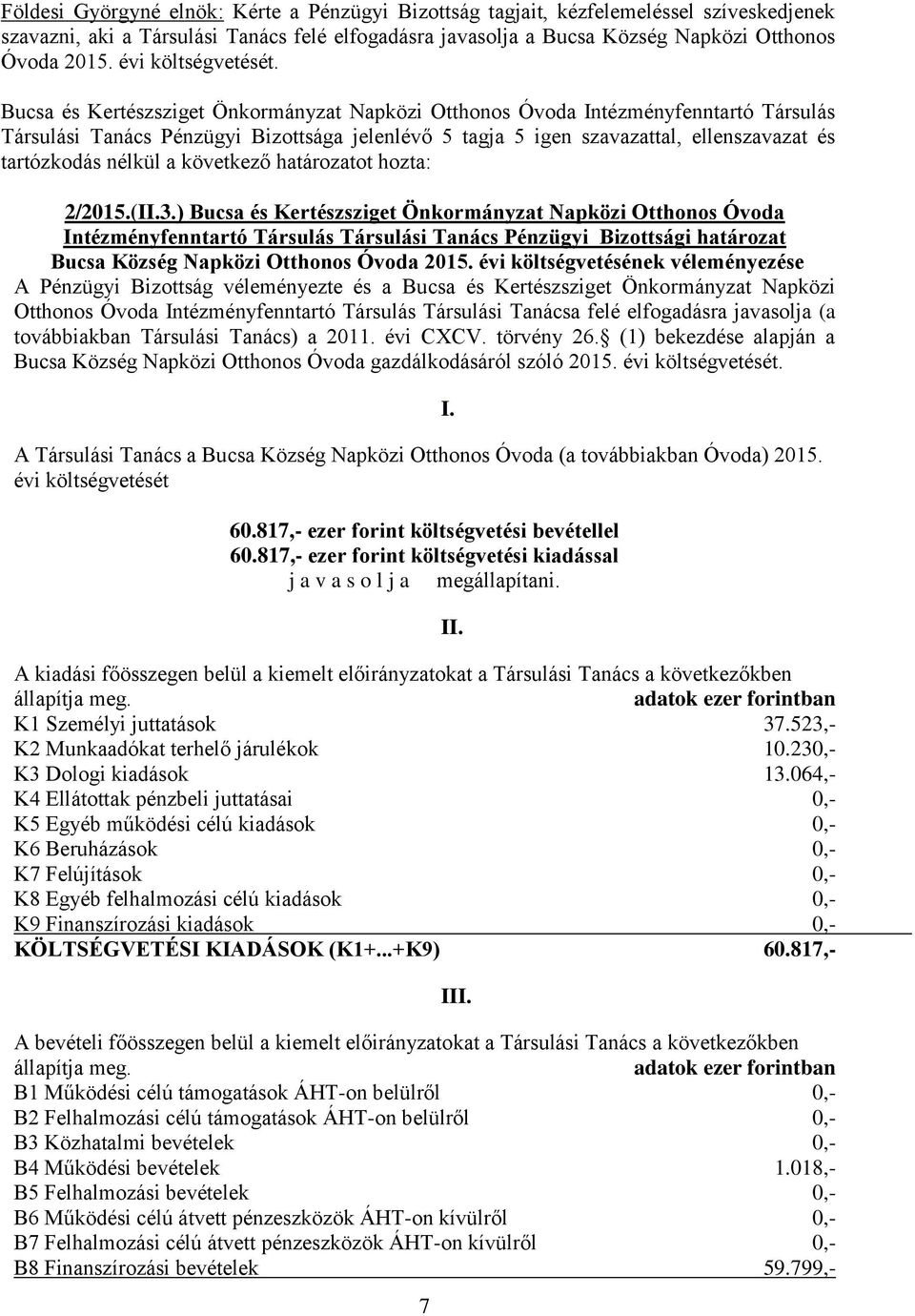 Bucsa és Kertészsziget Önkormányzat Napközi Otthonos Óvoda Intézményfenntartó Társulás Társulási Tanács Pénzügyi Bizottsága jelenlévő 5 tagja 5 igen szavazattal, ellenszavazat és tartózkodás nélkül a