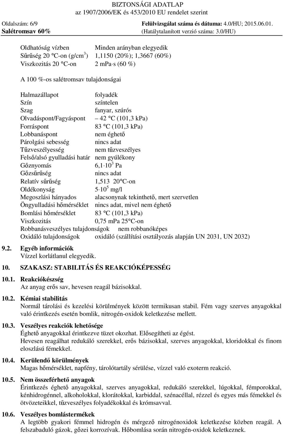 Oldhatóság vízben Minden arányban elegyedik Sűrűség 20 C-on (g/cm 3 ) 1,1150 (20%); 1,3667 (60%) Viszkozitás 20 C-on 2 mpa s (60 %) A 100 %-os salétromsav tulajdonságai Halmazállapot folyadék Szín