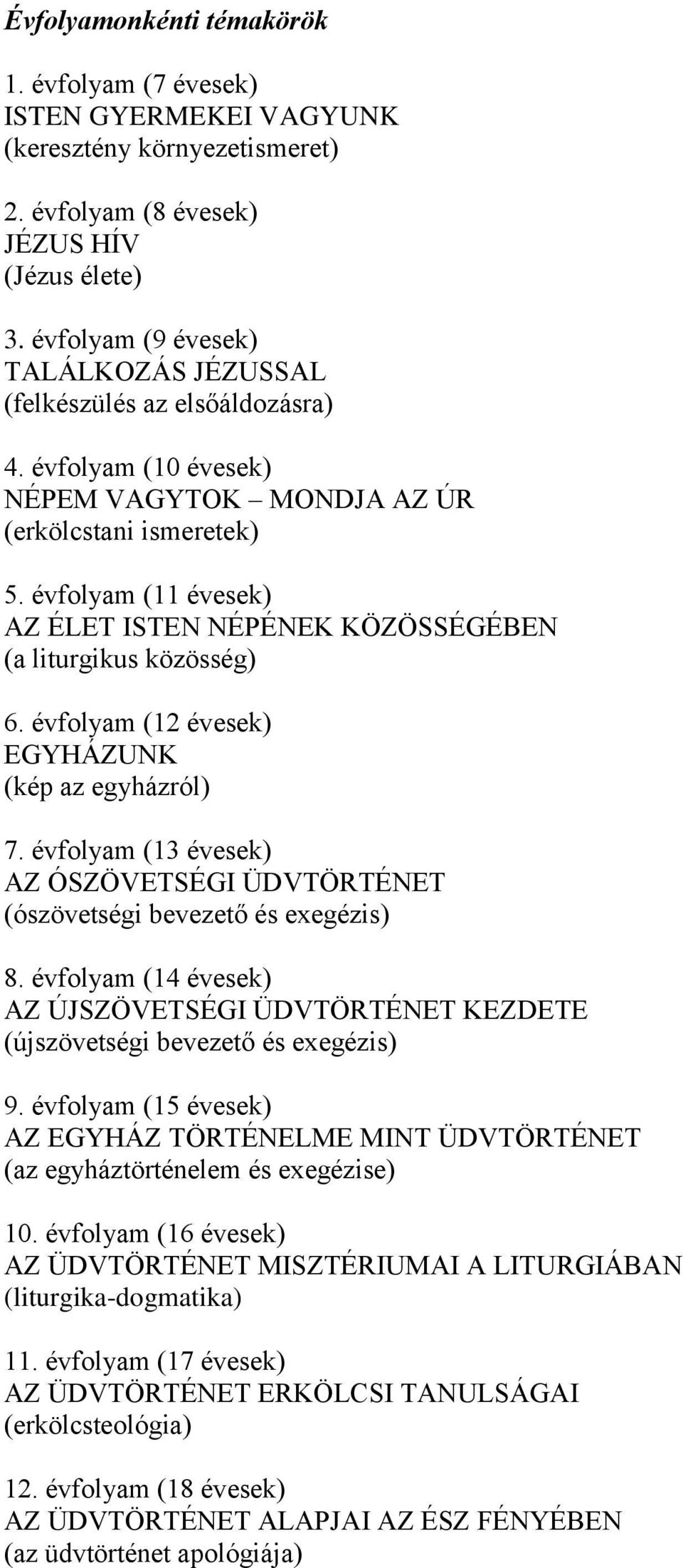 évfolyam (11 évesek) AZ ÉLET ISTEN NÉPÉNEK KÖZÖSSÉGÉBEN (a liturgikus közösség) 6. évfolyam (12 évesek) EGYHÁZUNK (kép az egyházról) 7.