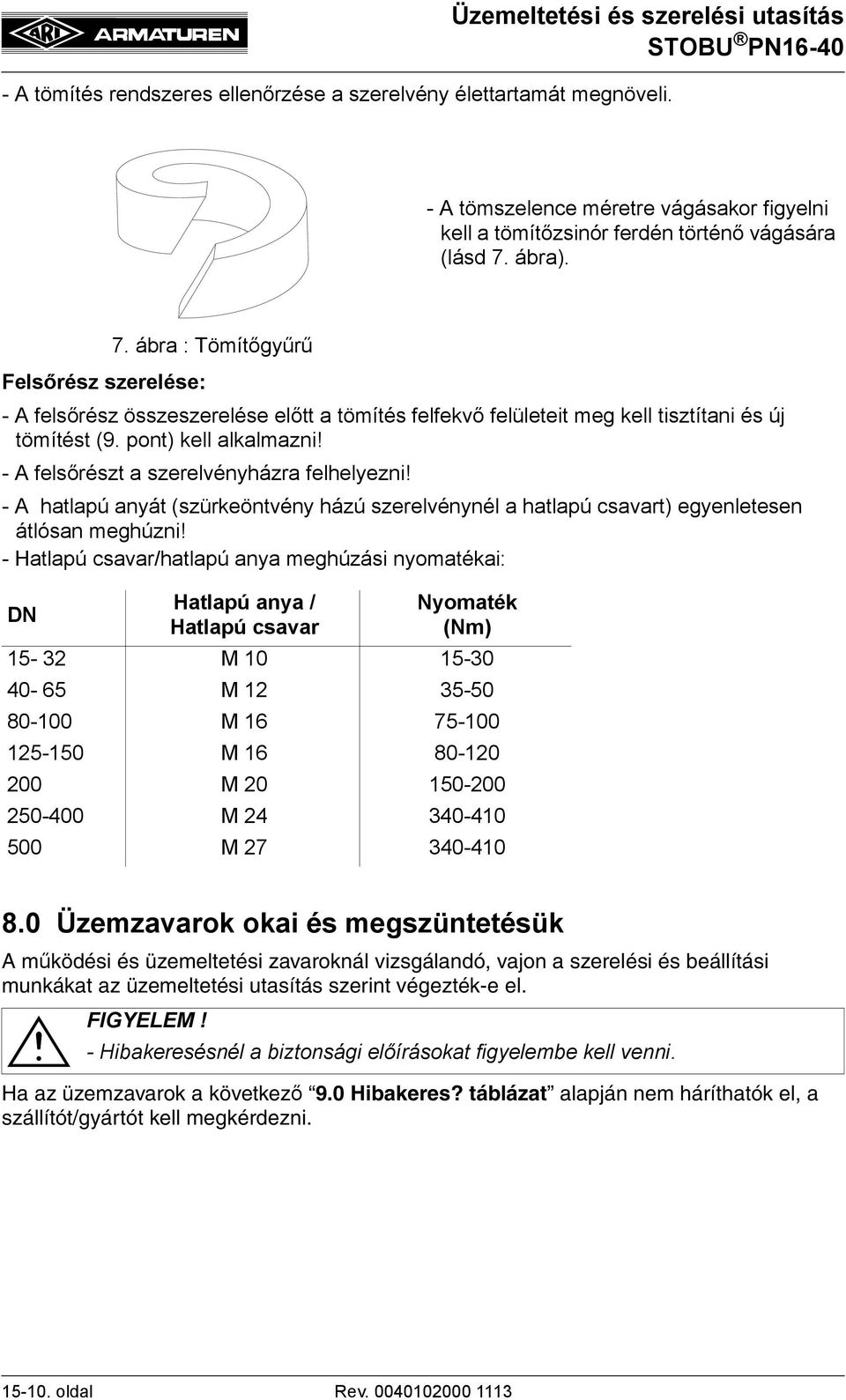 - A hatlapú anyát (szürkeöntvény házú szerelvénynél a hatlapú csavart) egyenletesen átlósan meghúzni!