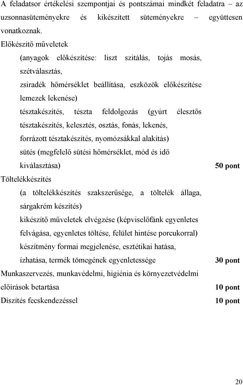 (gyúrt élesztős tésztakészítés, kelesztés, osztás, fonás, lekenés, forrázott tésztakészítés, nyomózsákkal alakítás) sütés (megfelelő sütési hőmérséklet, mód és idő kiválasztása) 50 pont