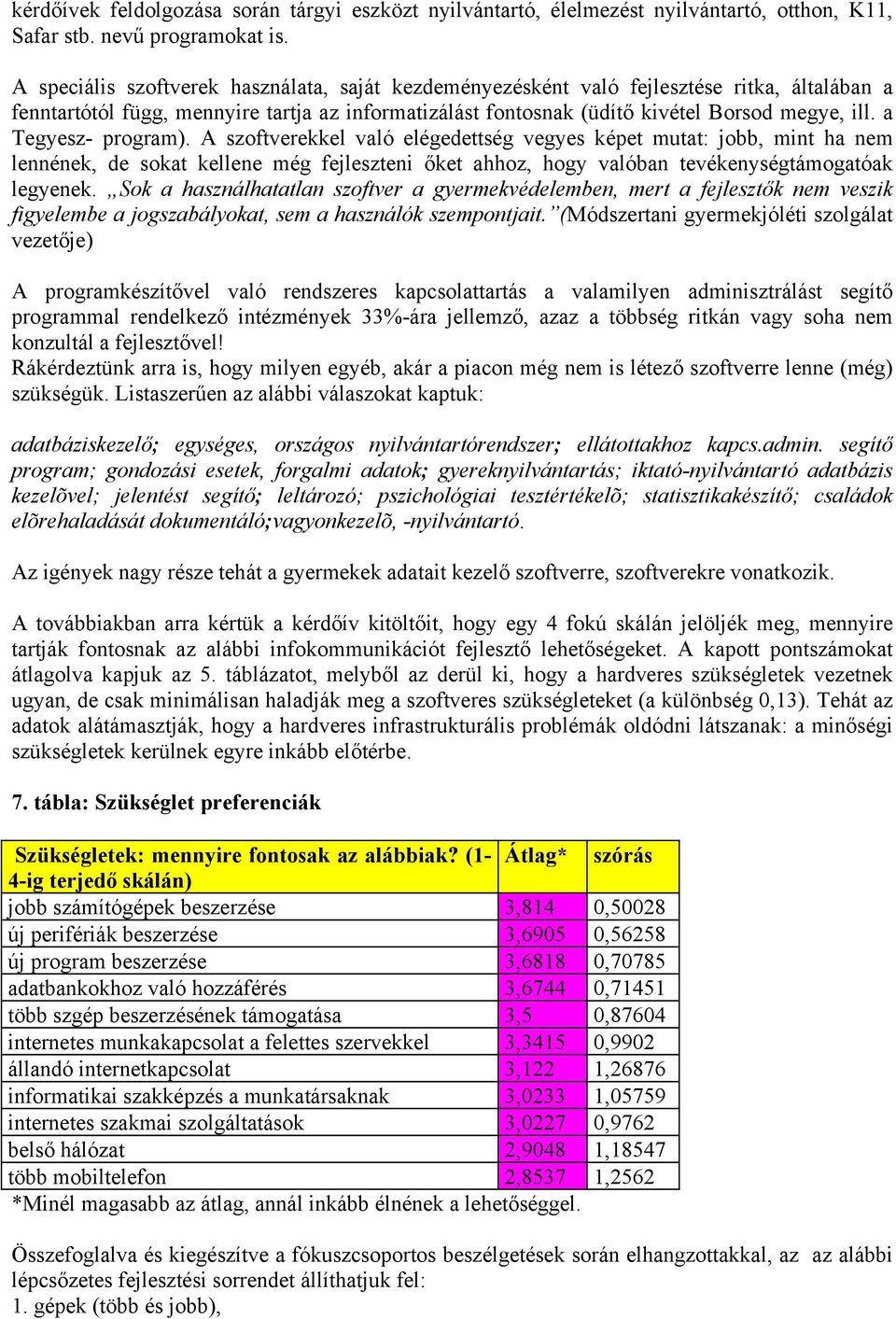 a Tegyesz- program). A szoftverekkel való elégedettség vegyes képet mutat: jobb, mint ha nem lennének, de sokat kellene még fejleszteni őket ahhoz, hogy valóban tevékenységtámogatóak legyenek.