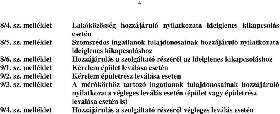 sz. melléklet A mérőkörhöz tartozó ingatlanok tulajdonosainak hozzájáruló nyilatkozata végleges leválás esetén (épület vagy épületrész leválása esetén is)