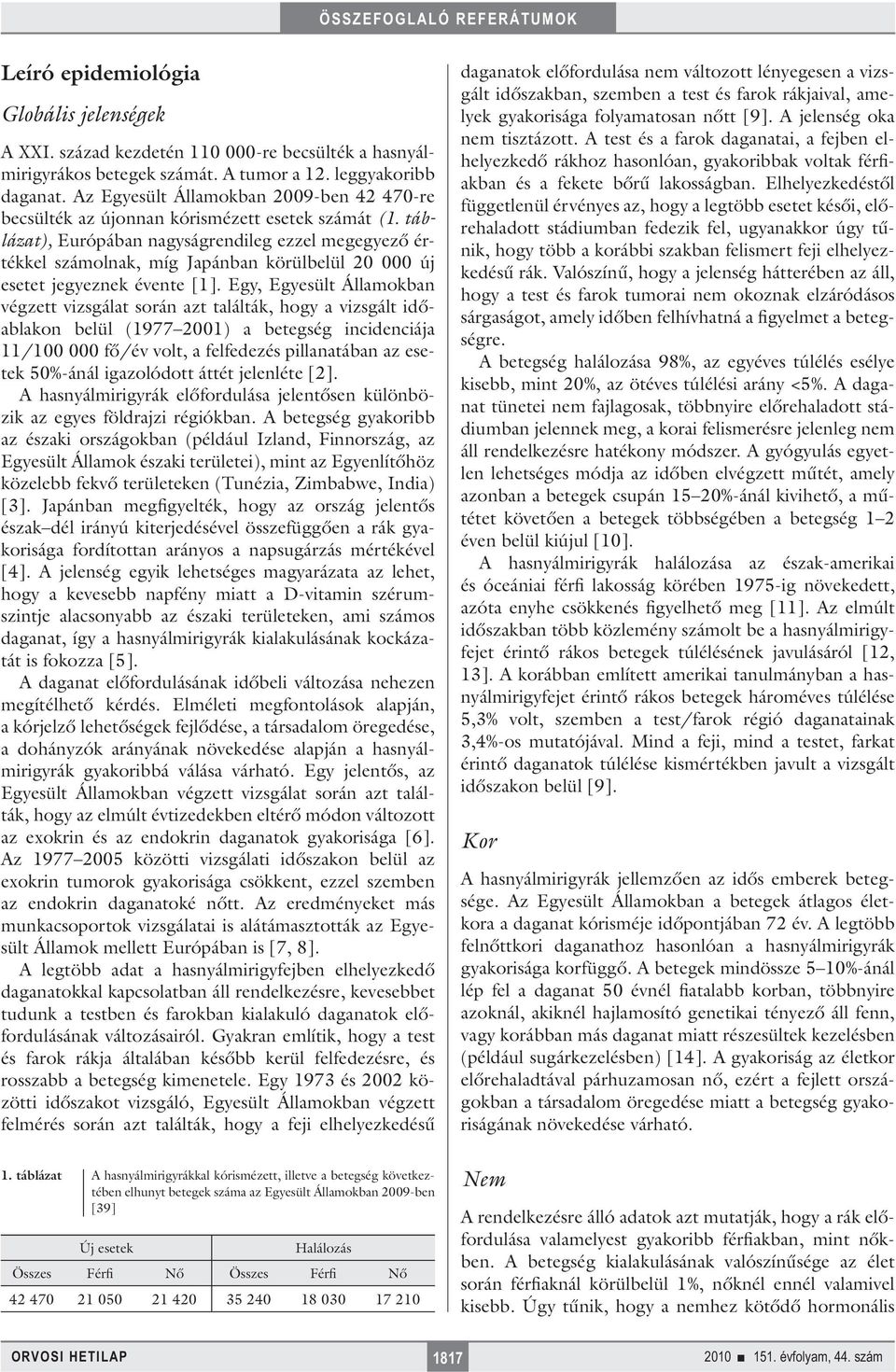 táblázat), Európában nagyságrendileg ezzel megegyező értékkel számolnak, míg Japánban körülbelül 20 000 új esetet jegyeznek évente [1].