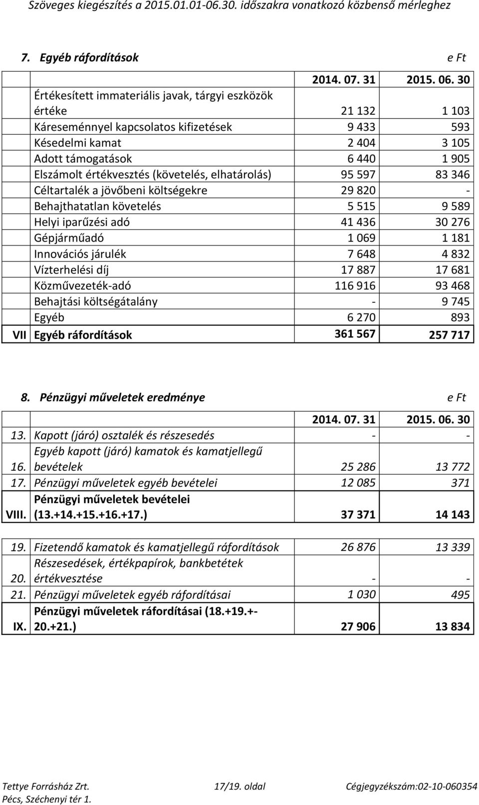 181 Innovációs járulék 7 648 4 832 Vízterhelési díj 17 887 17 681 Közművezeték-adó 116 916 93 468 Behajtási költségátalány - 9 745 Egyéb 6 270 893 VII Egyéb ráfordítások 361 567 257 717 8.