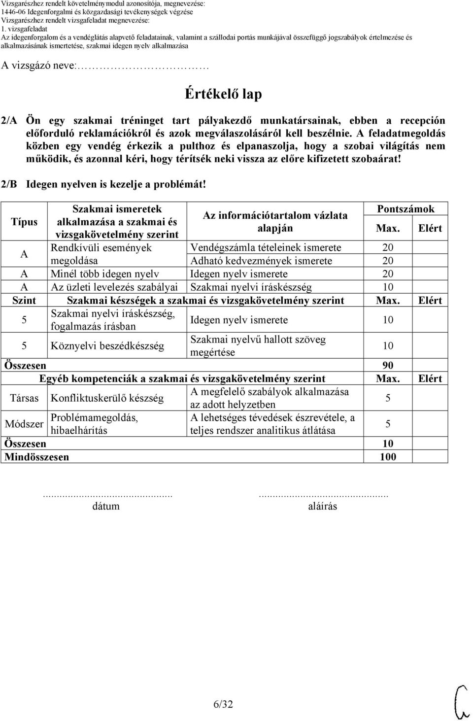 2/B Idegen nyelven is kezelje a problémát! Típus A Szakmai ismeretek alkalmazása a szakmai és vizsgakövetelmény szerint Rendkívüli események Az információtartalom vázlata alapján Pontszámok Max.