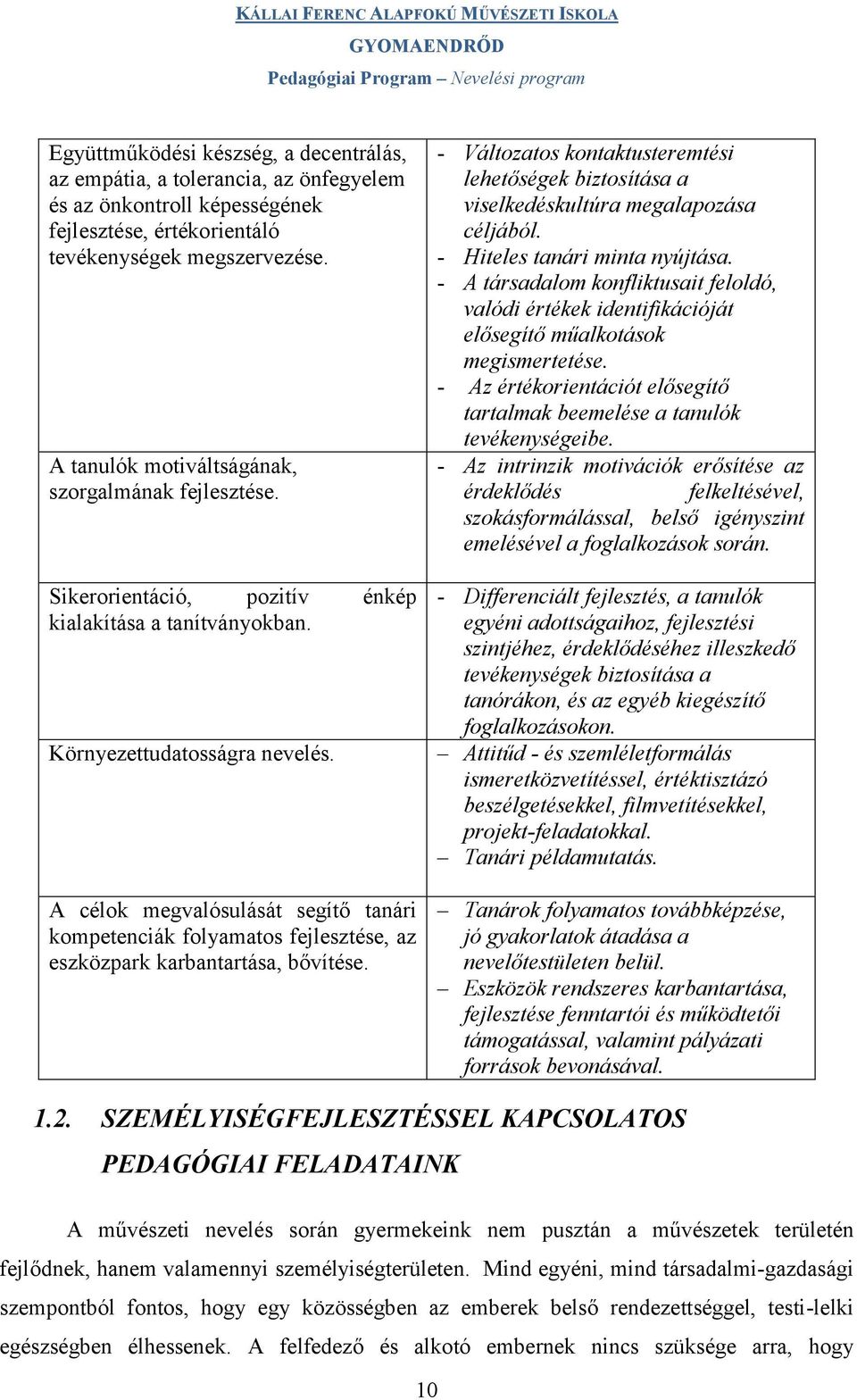 A célok megvalósulását segítő tanári kompetenciák folyamatos fejlesztése, az eszközpark karbantartása, bővítése.