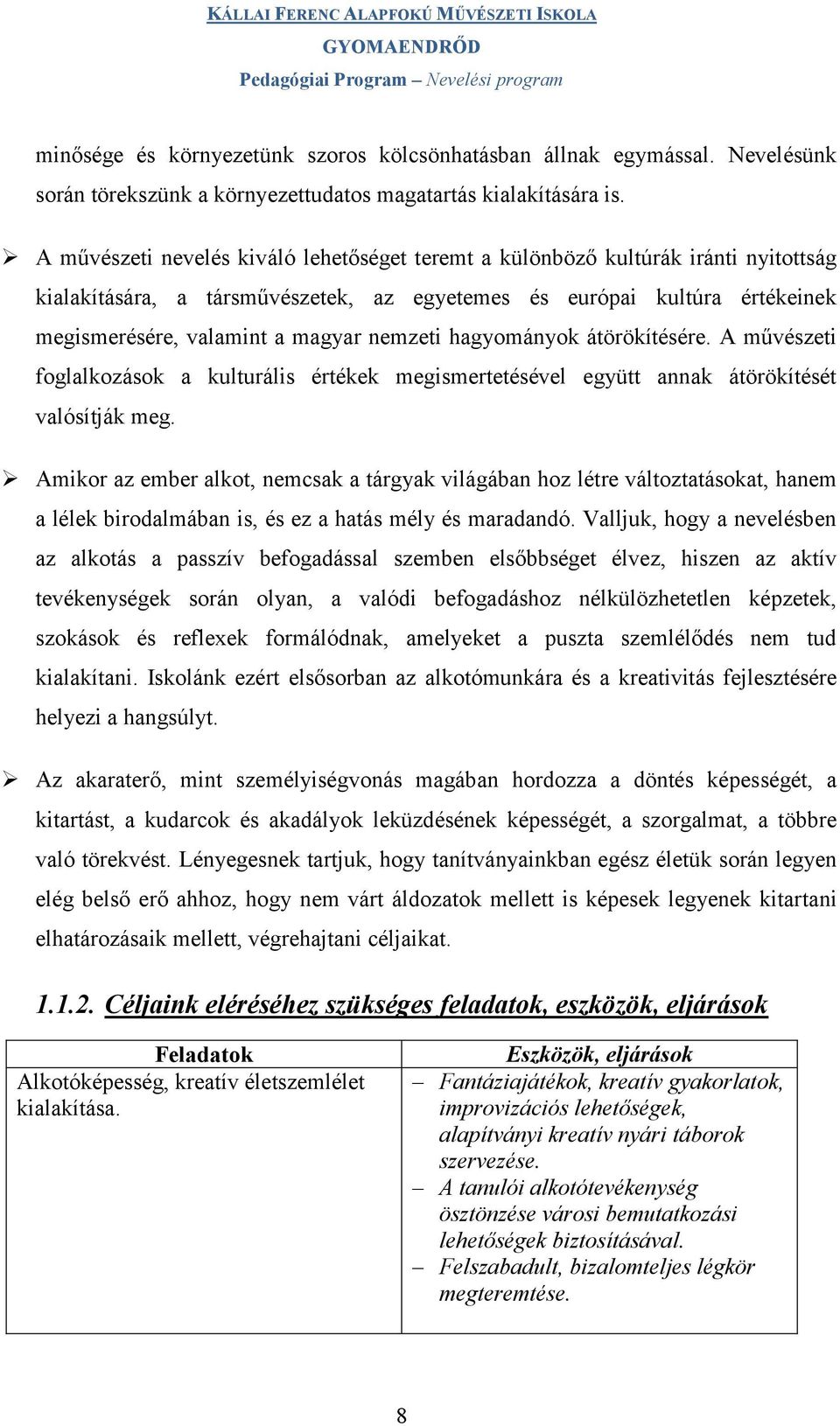 nemzeti hagyományok átörökítésére. A művészeti foglalkozások a kulturális értékek megismertetésével együtt annak átörökítését valósítják meg.