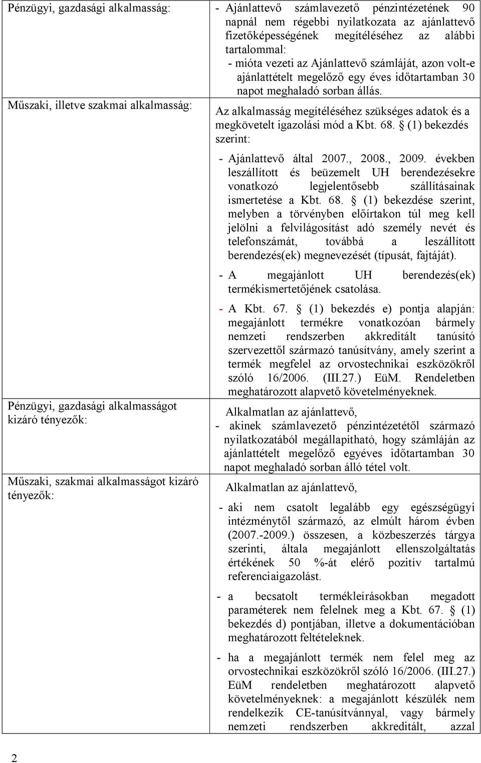 szaki, illetve szakmai alkalmasság: Az alkalmasság megítéléséhez szükséges adatok és a megkövetelt igazolási mód a Kbt. 68.