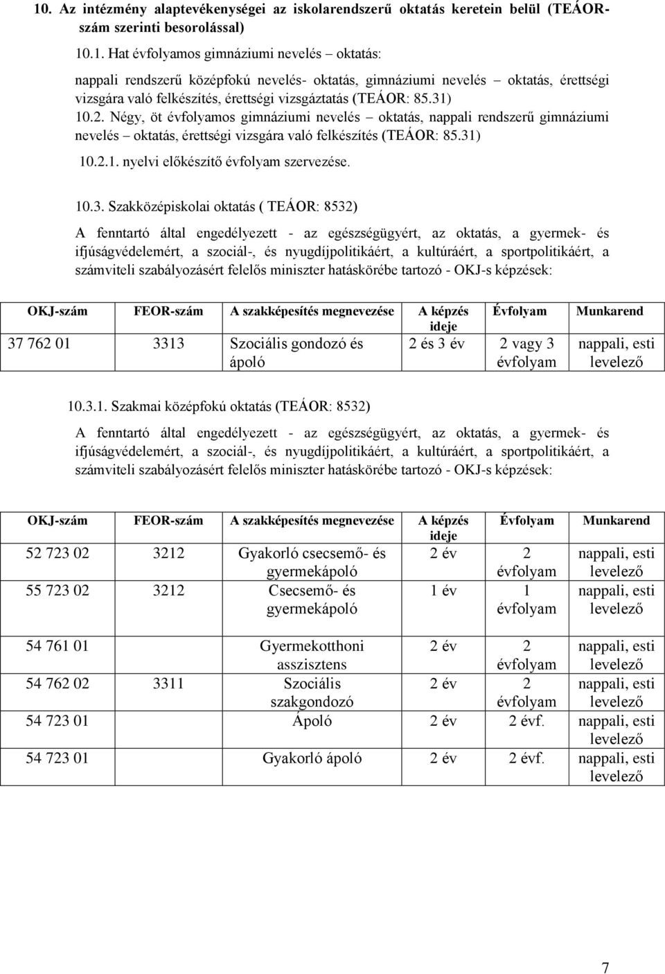 10.3. Szakközépiskolai oktatás ( TEÁOR: 8532) A fenntartó által engedélyezett - az egészségügyért, az oktatás, a gyermek- és ifjúságvédelemért, a szociál-, és nyugdíjpolitikáért, a kultúráért, a