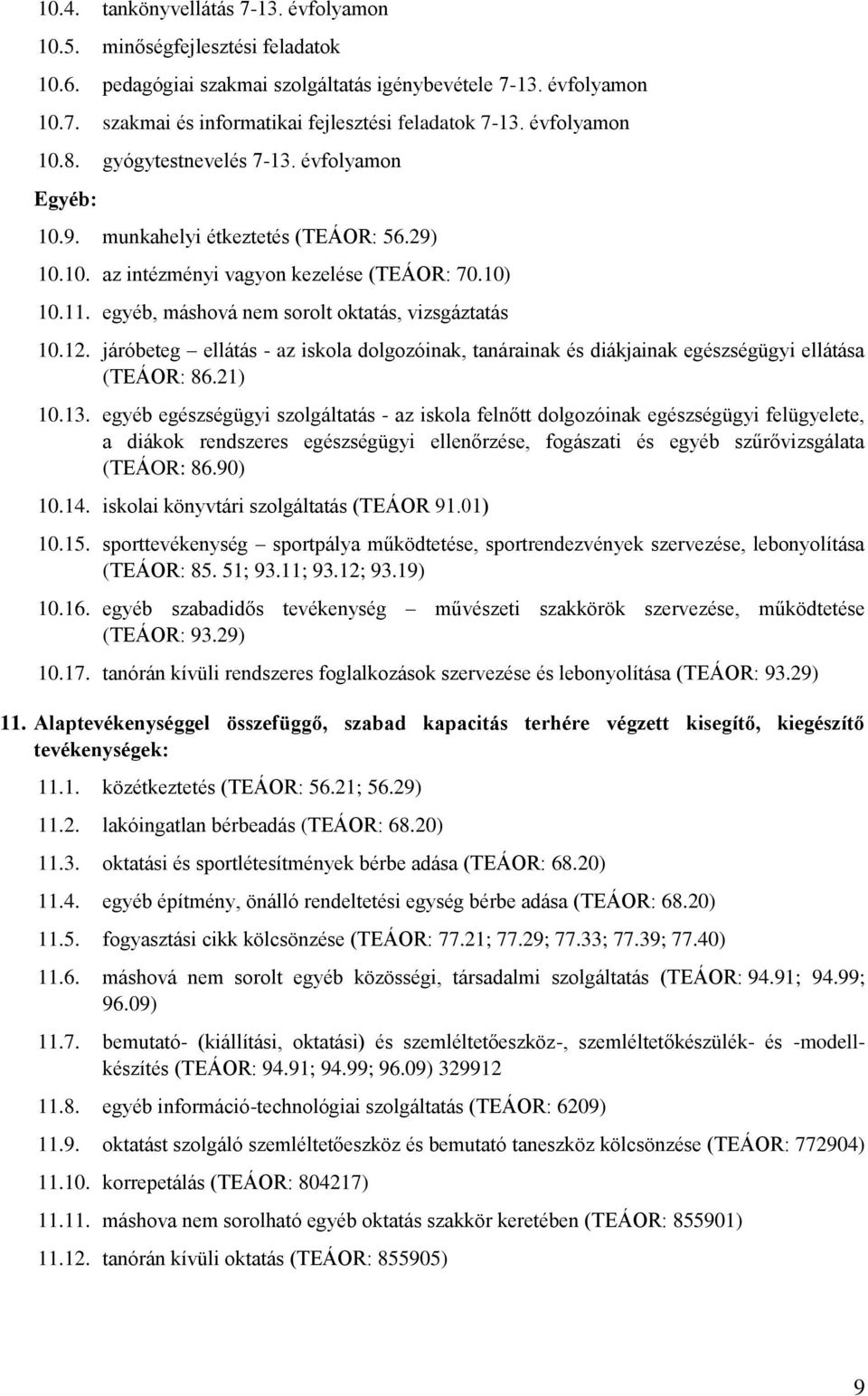 egyéb, máshová nem sorolt oktatás, vizsgáztatás 10.12. járóbeteg ellátás - az iskola dolgozóinak, tanárainak és diákjainak egészségügyi ellátása (TEÁOR: 86.21) 10.13.