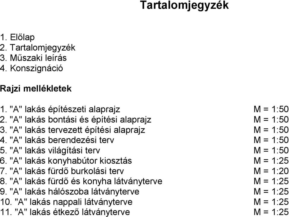 "A" lakás világítási terv M = 1:50 6. "A" lakás konyhabútor kiosztás M = 1:25 7. "A" lakás fürdő burkolási terv M = 1:20 8.