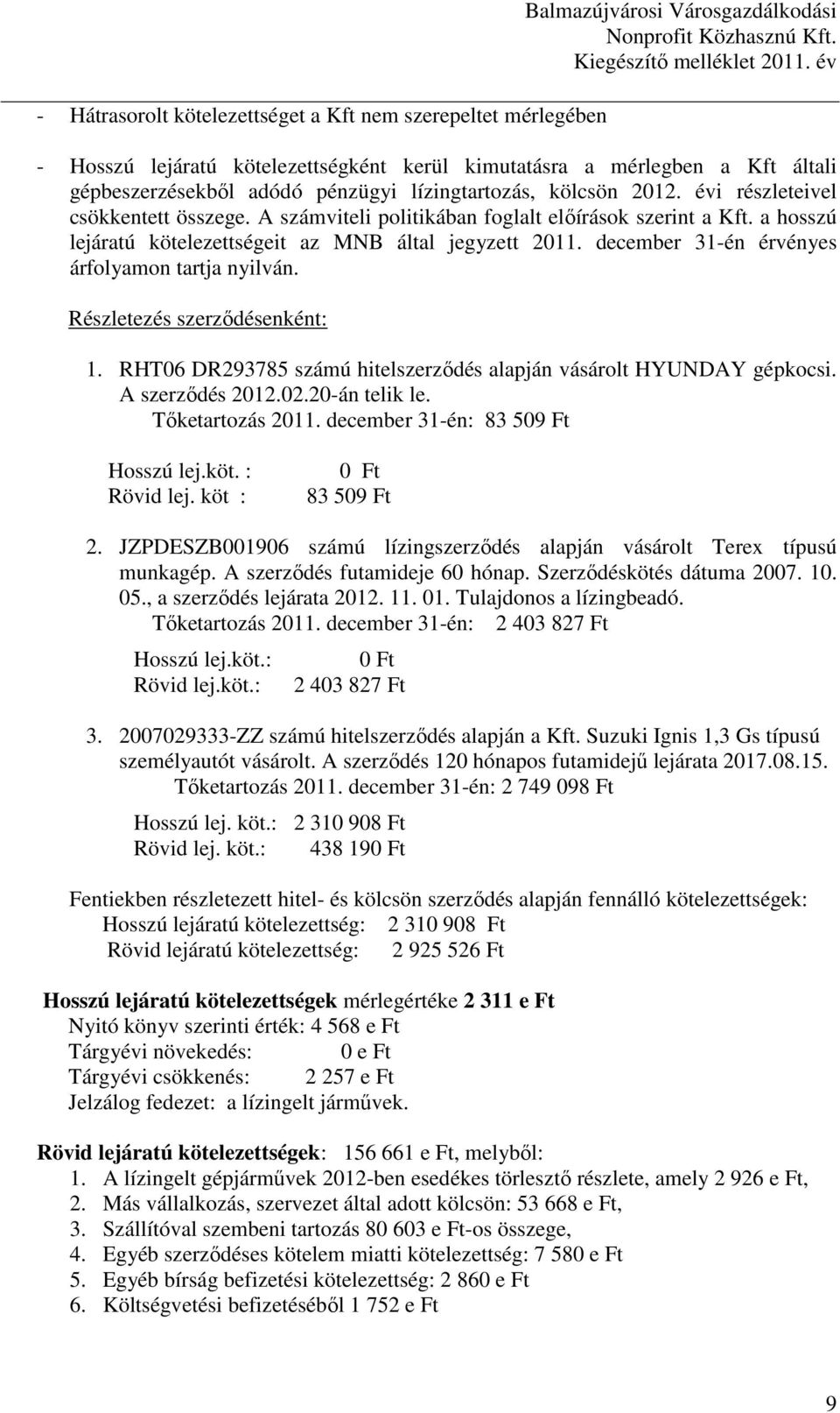 A számviteli politikában foglalt elıírások szerint a Kft. a hosszú lejáratú kötelezettségeit az MNB által jegyzett 2011. december 31-én érvényes árfolyamon tartja nyilván.