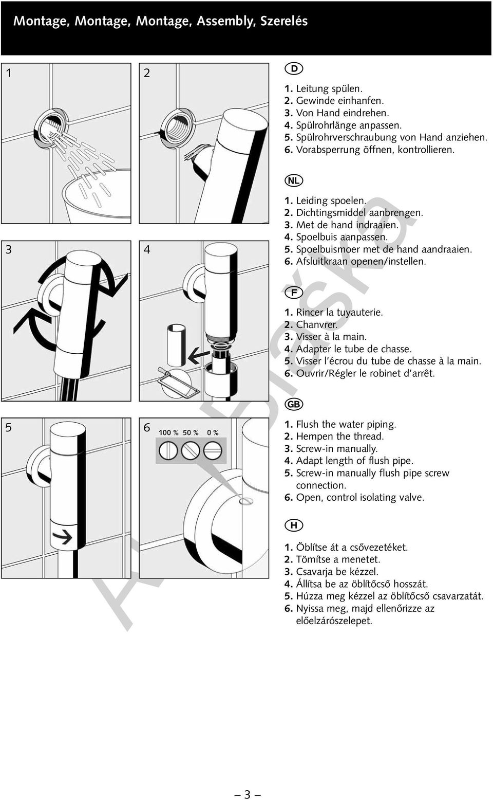 1. Rincer la tuyauterie. 2. Chanvrer. 3. Visser à la main. 4. Adapter le tube de chasse. 5. Visser l écrou du tube de chasse à la main. 6. uvrir/régler le robinet d arrêt. 1. lush the water piping. 2. empen the thread.