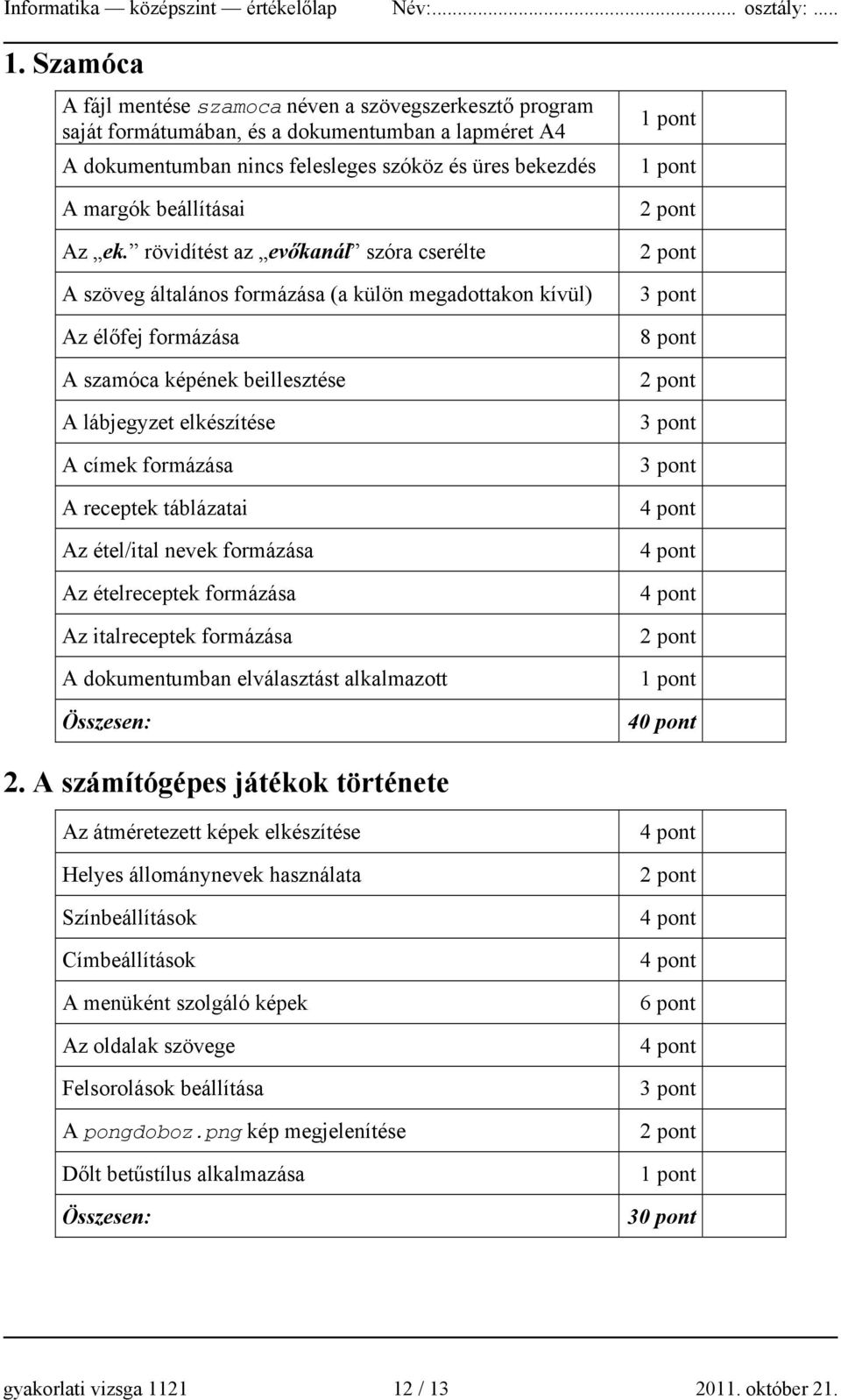 ek. rövidítést az evőkanál szóra cserélte A szöveg általános formázása (a külön megadottakon kívül) Az élőfej formázása A szamóca képének beillesztése A lábjegyzet elkészítése A címek formázása A