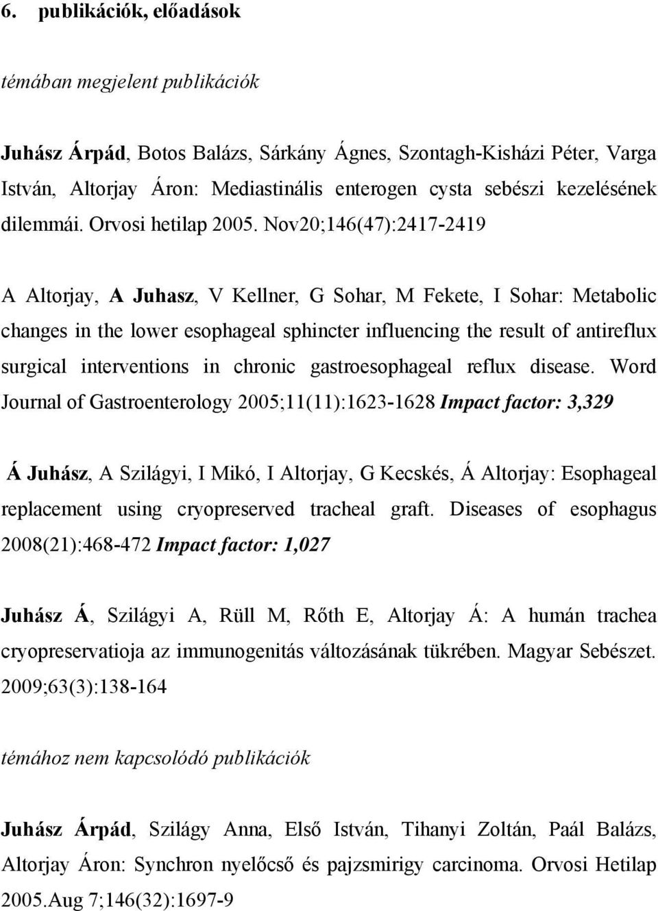 Nov20;146(47):2417-2419 A Altorjay, A Juhasz, V Kellner, G Sohar, M Fekete, I Sohar: Metabolic changes in the lower esophageal sphincter influencing the result of antireflux surgical interventions in